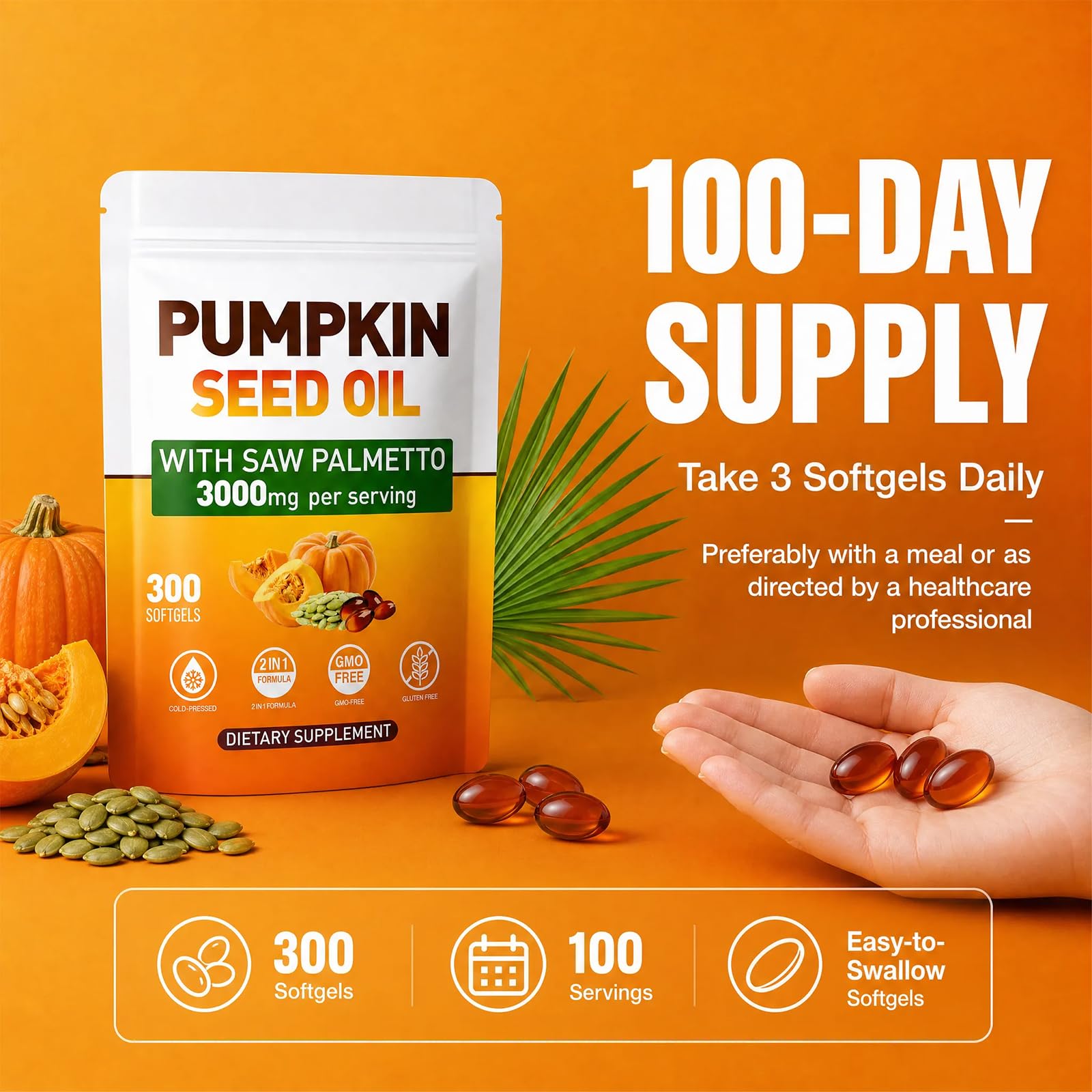 Pumpkin Seed Oil Capsules - Saw Palmetto Pumpkin Seed Oil 300 Softgels 3000mg for Prostate Health, Immune and Urinary Tract Support Promotes Hair Growth - Pure Non GMO — Amazon image 7