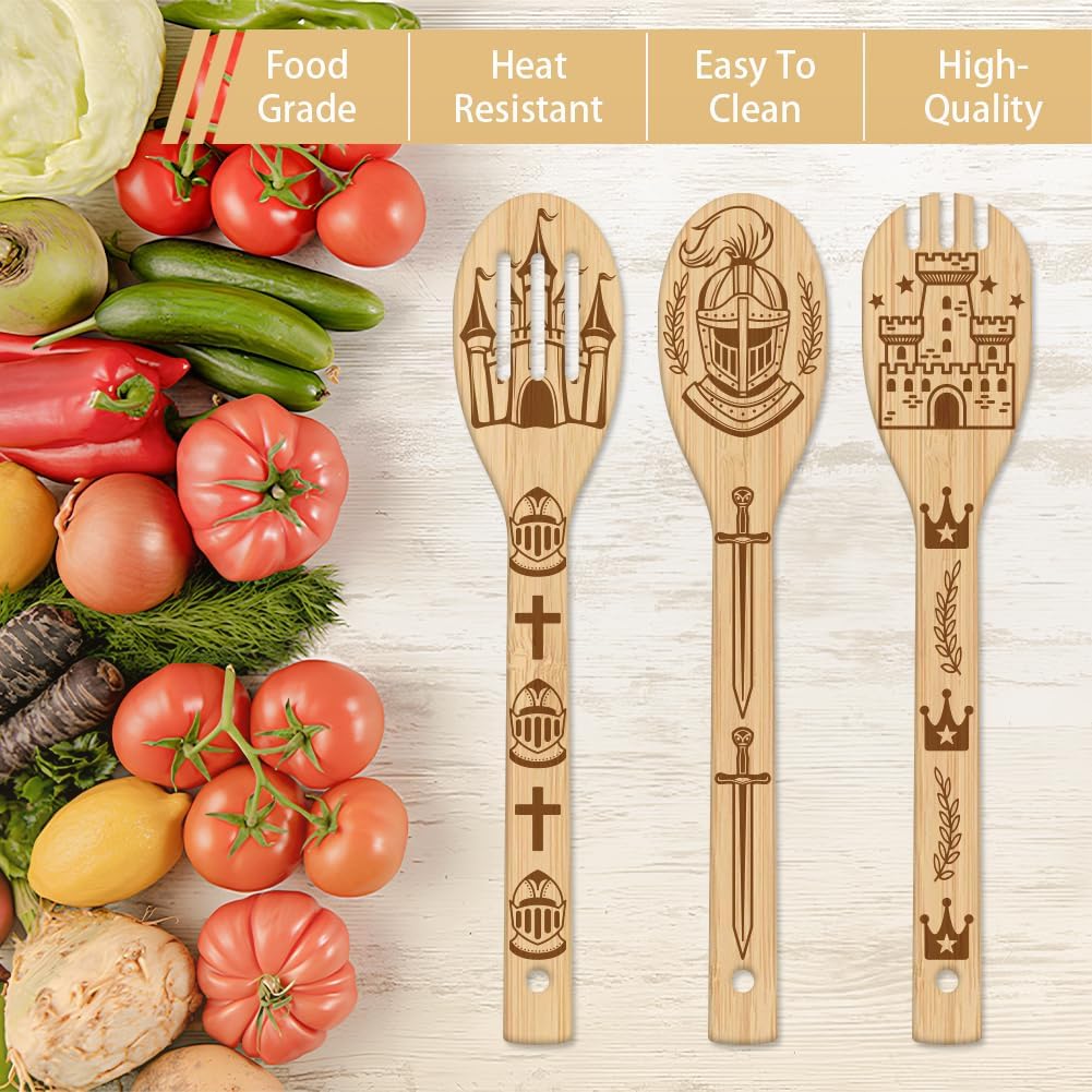 GLOBLELAND 6Pcs Castle Bamboo Cooking Utensils Knight Wooden Engraved Cooking Spoons Set Kitchen Bamboo Spatula for Women and Men Wood Cooking Spoon for Kitchen House Warming Gift