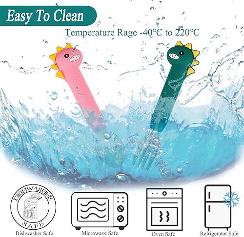 Miniatura 8 de Utensilios para niños, juegos de tenedores y cucharas para bebés, cubiertos para niños con mango de silicona, cucharas de dinosaurio para niños