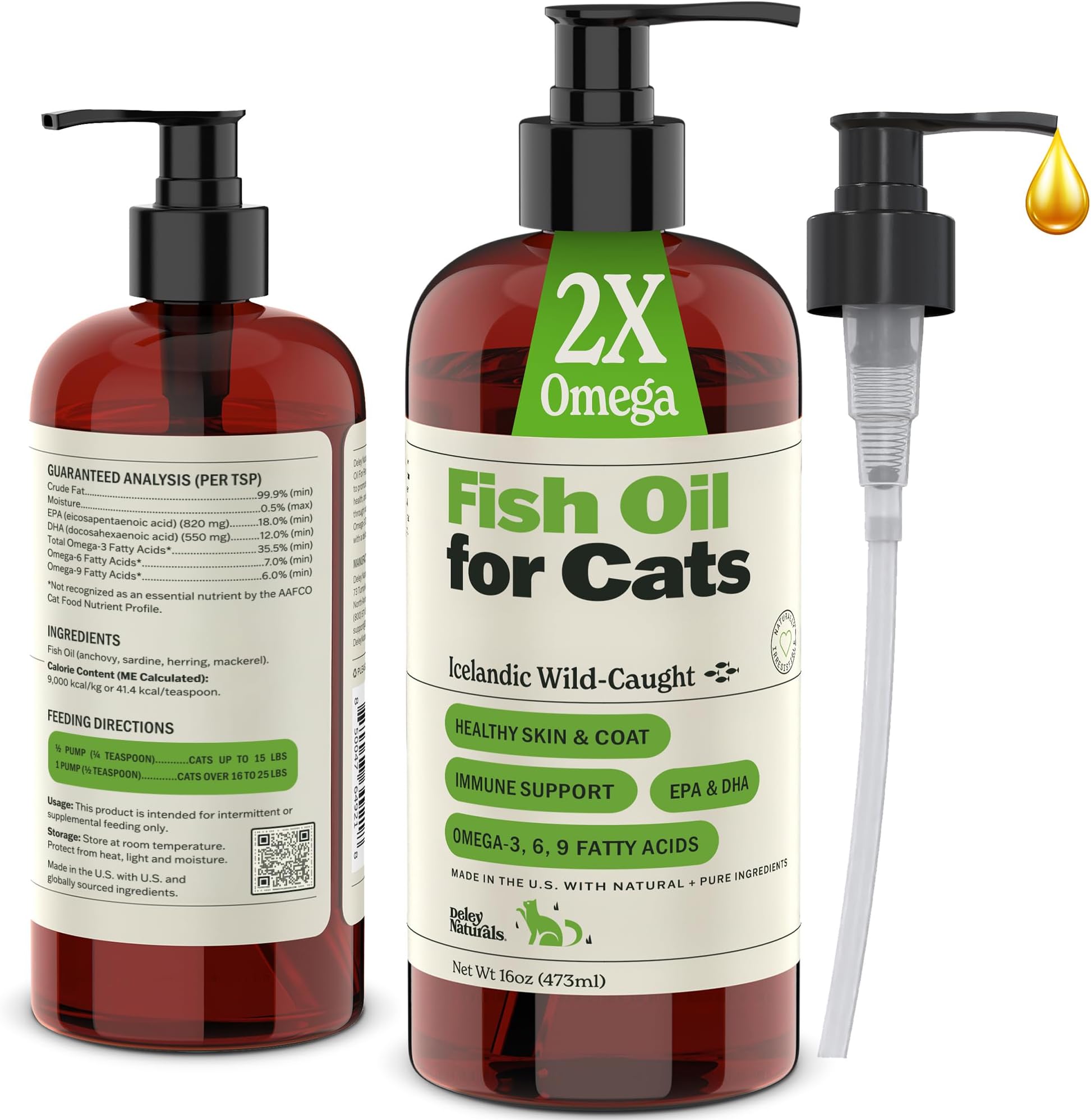 Wild Caught Fish Oil for Cats with 2X Omega - Cat Fish Oil with Highest EPA & DHA Potency - Omega 3 for Cats for Shedding, Skin, Coat, Joints, Heart and Immune System - Made in the USA