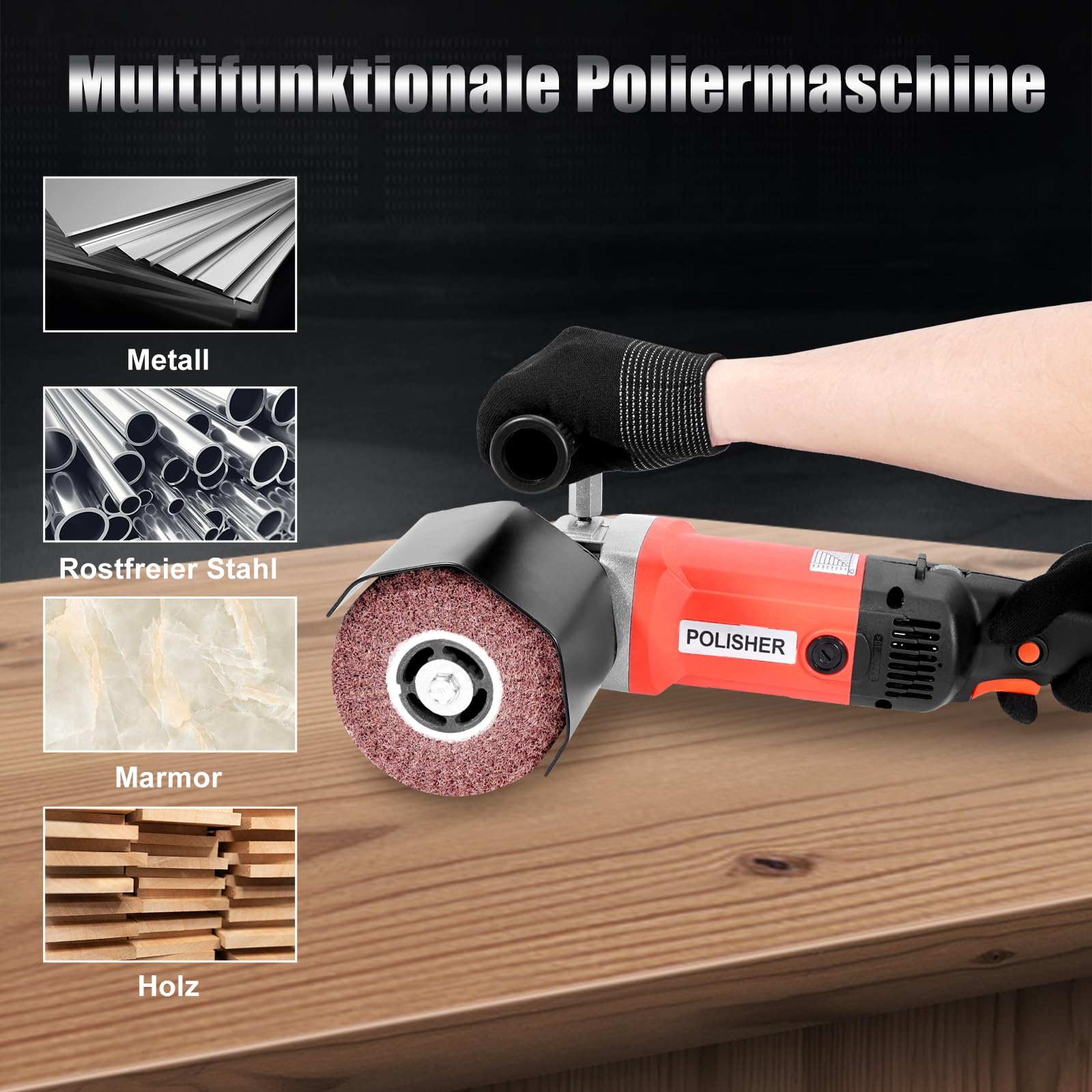 HYCHIKA 1400W Satiniermaschine, Bürstenschleifer zur Renovierung von Oberflächen, Holz Renovierungsschleifer 8 Gänge Variabler Drehzahlbereich 600-3600RPM, Metall Schleifmaschine Bürstmaschine