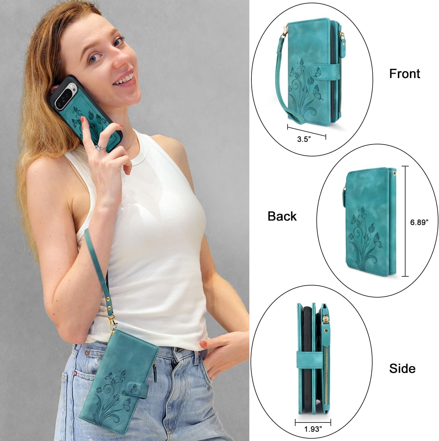 Lacass Case Wallet for Google Pixel 9 Pro XL, [12 Card Slots] ID Credit Cash Holder Zipper Pocket Detachable Leather Wallet Cover with Wrist Strap Lanyard（Floral Blue Green）
