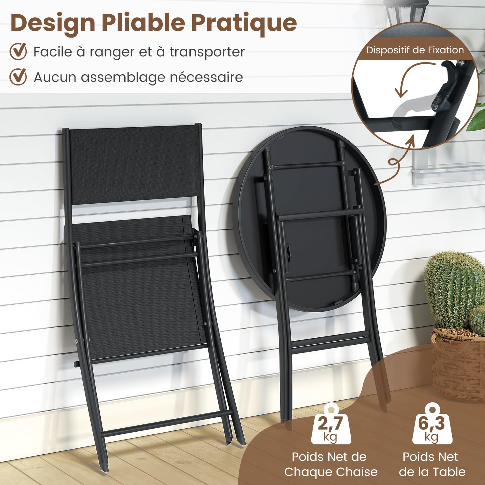 GOPLUS Salon de Jardin Exterieur 2 Personnes, Salon de Balcon Bistro avec Table en Verre Trempé et 2 Chaises, avec Cadre Métallique pour Terrasse, Jardin et Balcon (2 Personnes,Noir)