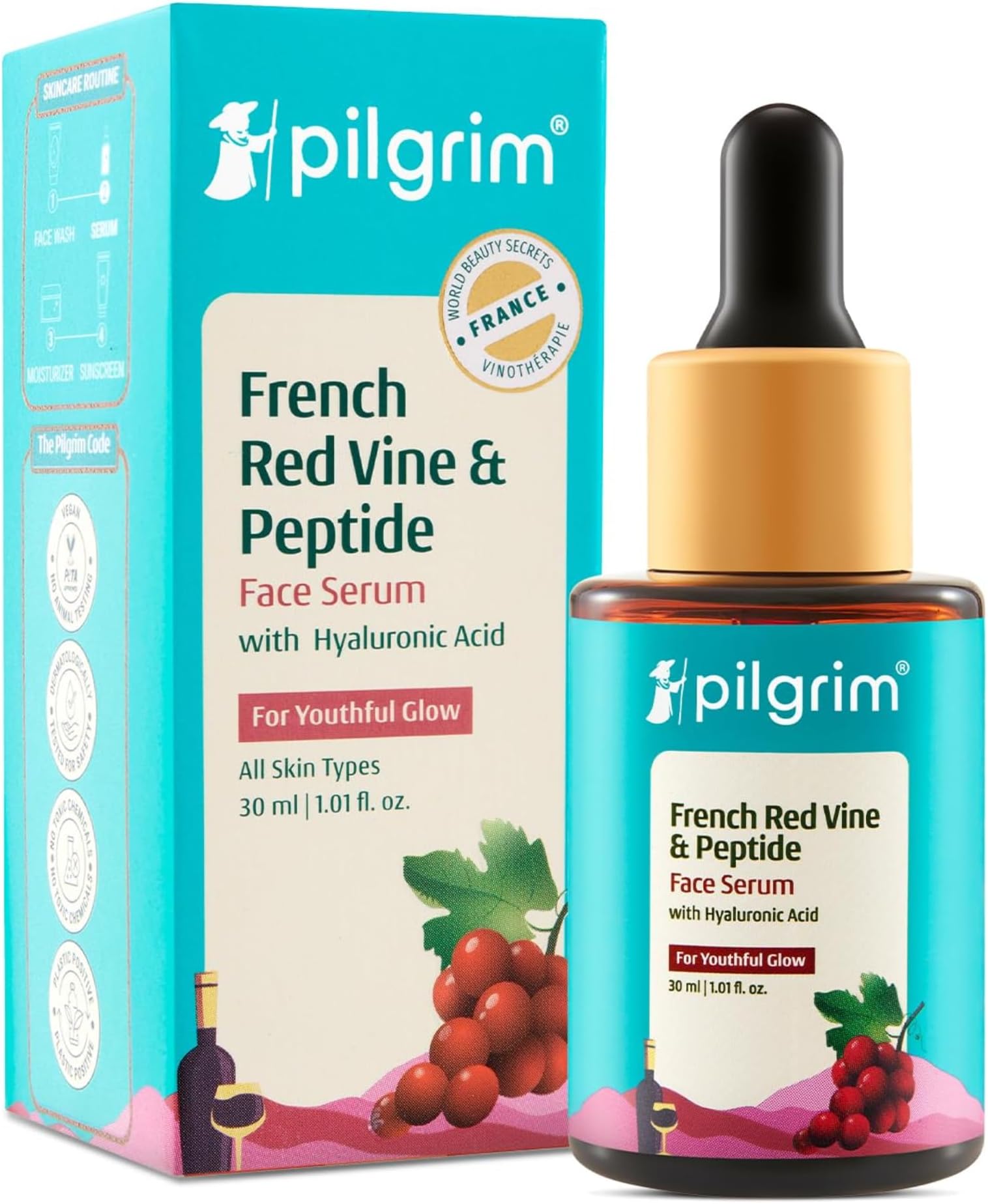 French Red Vine & Hyaluronic acid with peptides | Red vine serum for face | Hyaluronic acid serum for face | For women & men | All skin types | 30 ml