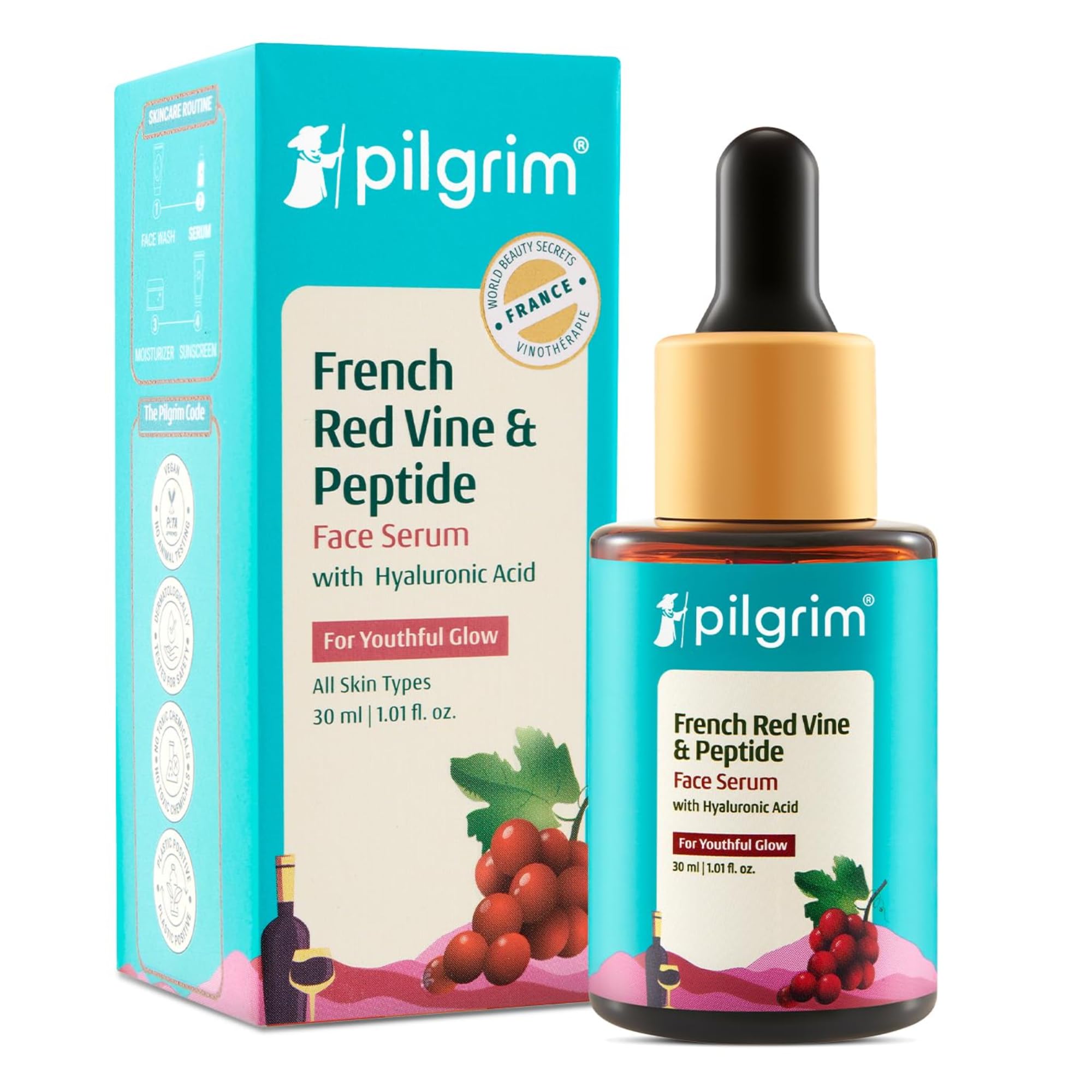 PILGRIM French Red Vine & Hyaluronic acid with peptides | Red vine serum for face | Hyaluronic acid serum for face | For women & men | All skin types | 30 ml
