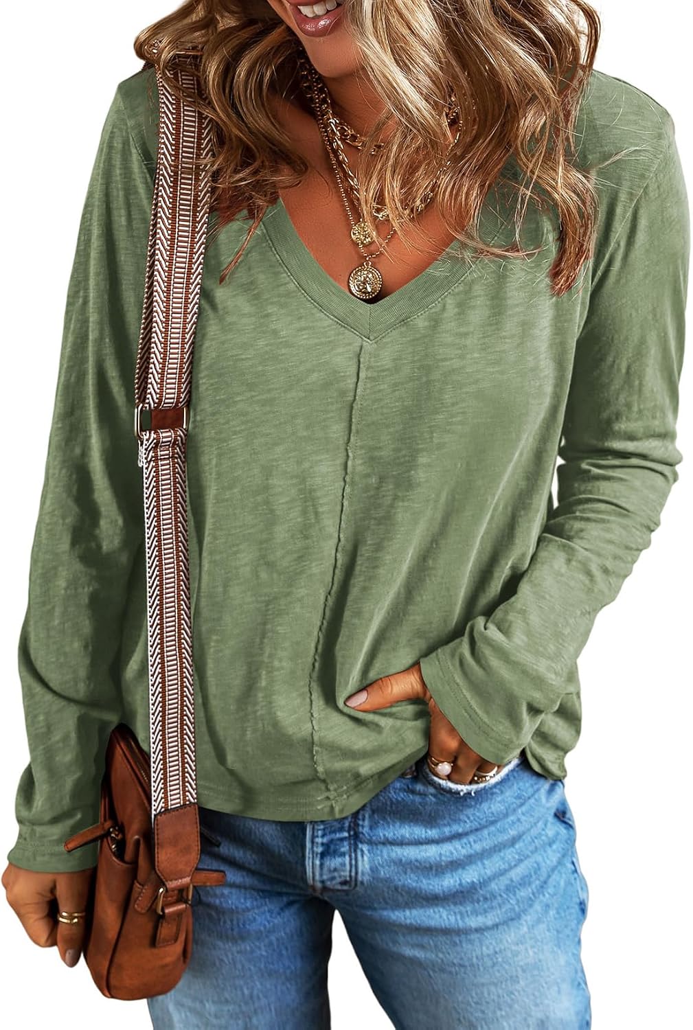 EVALESS Womens Casual V Neck Tops Spring Summer 2025 Long Sleeve Shirts Basic T Shirts Loose Fit T-Shirts Cotton Tee Clothes