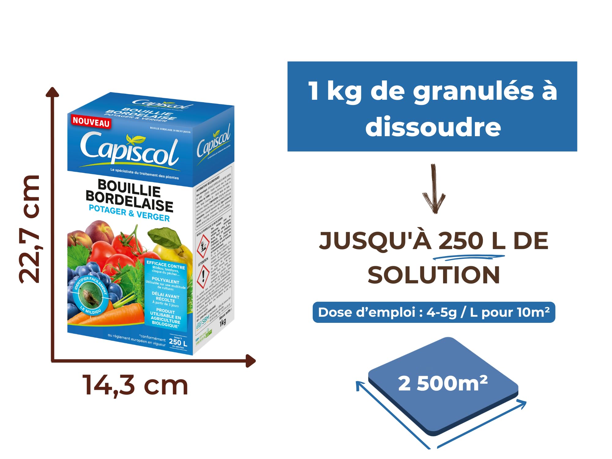 CAPISCOL Bouillie Bordelaise - Granulés - 250L de Solution - 1Kg | Fongicide Polyvalent - Préventif & Traditionnel - Mildiou, Tavelure, Cloque du Pêcher - Coloration Bleue - BB1000