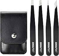 Smafixt Precision Tweezers Set for Women & Men - 4pc Stainless Steel Eyebrow, Facial Hair, Ingrown & Splinter Removal with Leather Travel Case