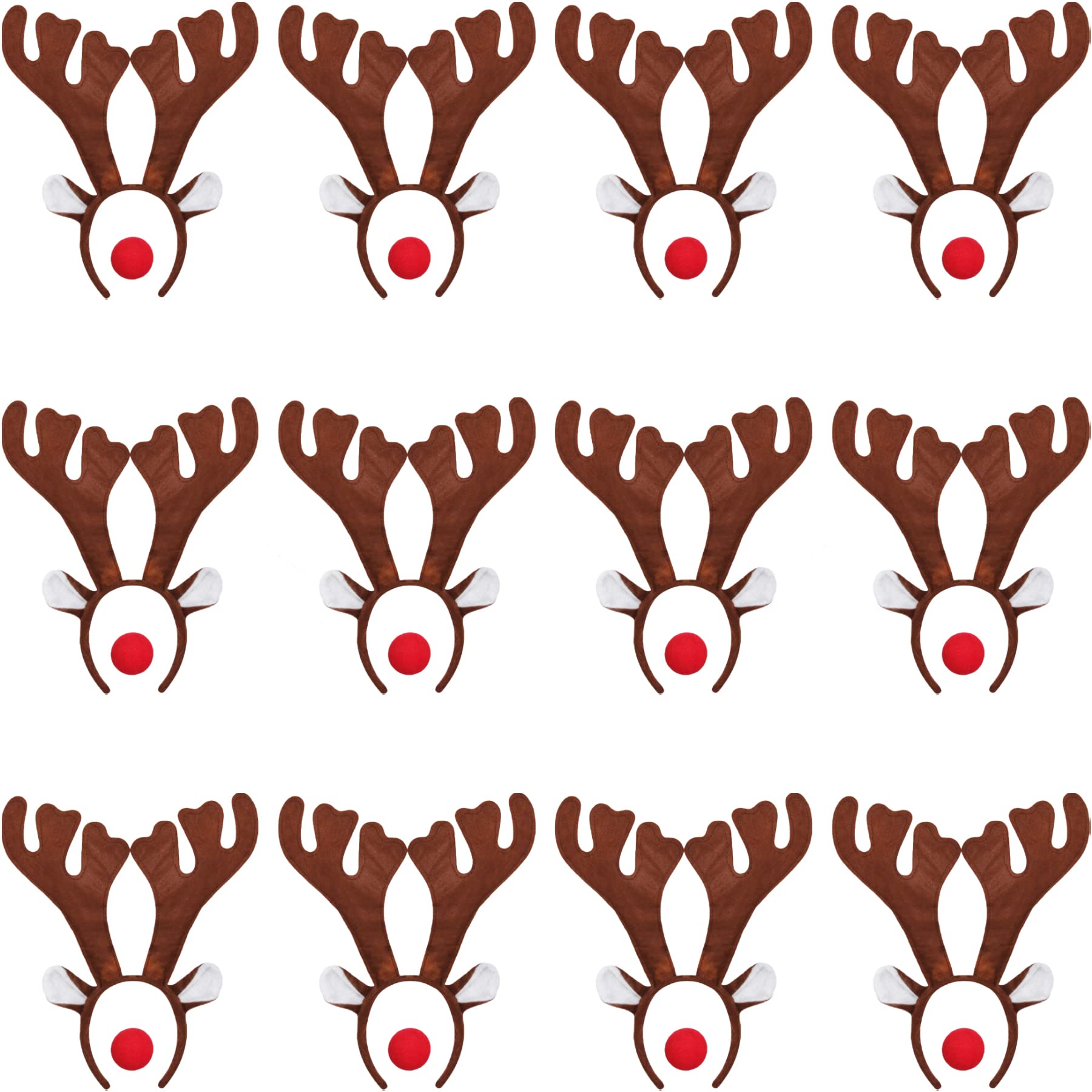 Christmas Reindeer Antlers Fancy Dress Accessory - Brown Reindeer Antlers On A Brown Headband + Red Nose - Christmas Costume Accessories Rudolph Headband Fancy Dress Accessory (Pack Of 12)