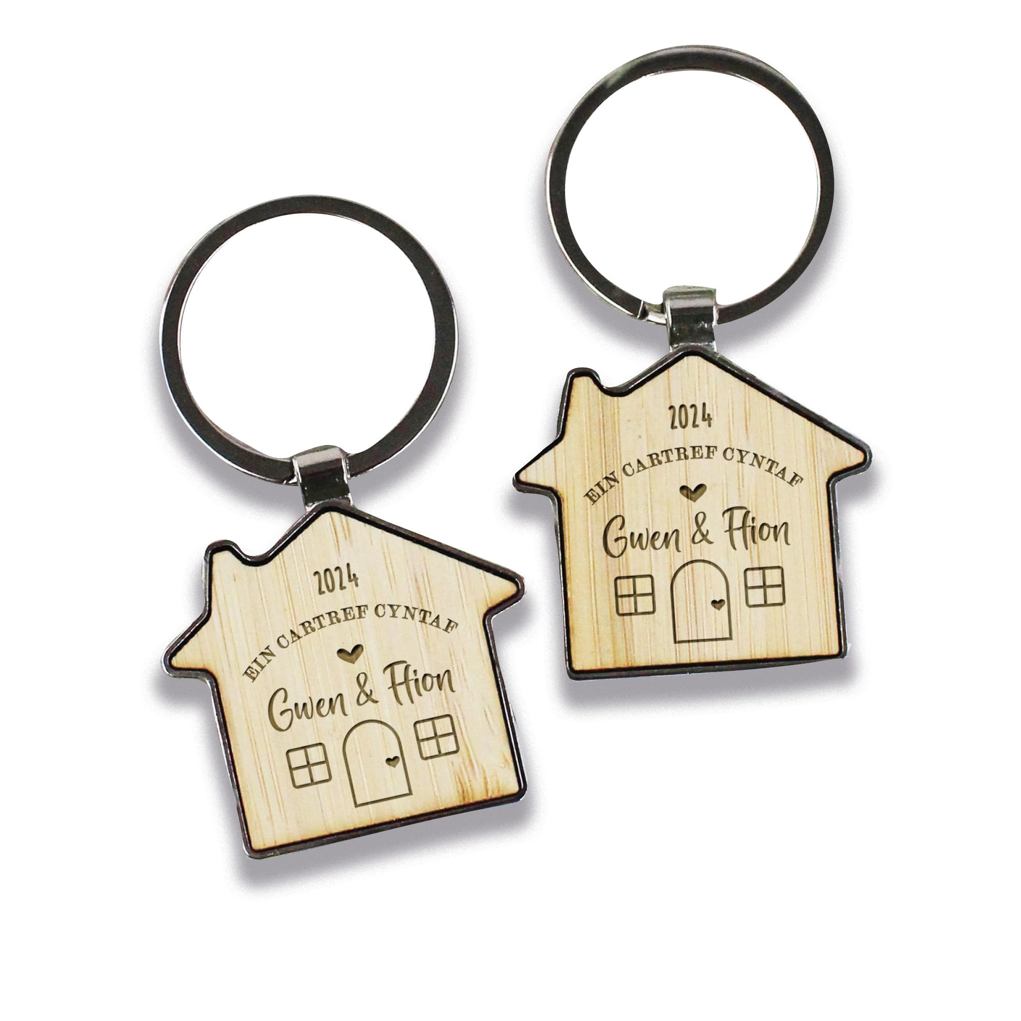 eBuyGB Personalised Housewarming Keychain, Ein Ty Cyntaf WELSH House Shaped Keyrings, Our First House Couple Keyring, Moving House Gift, His & Hers (Set of 2 Keyrings)