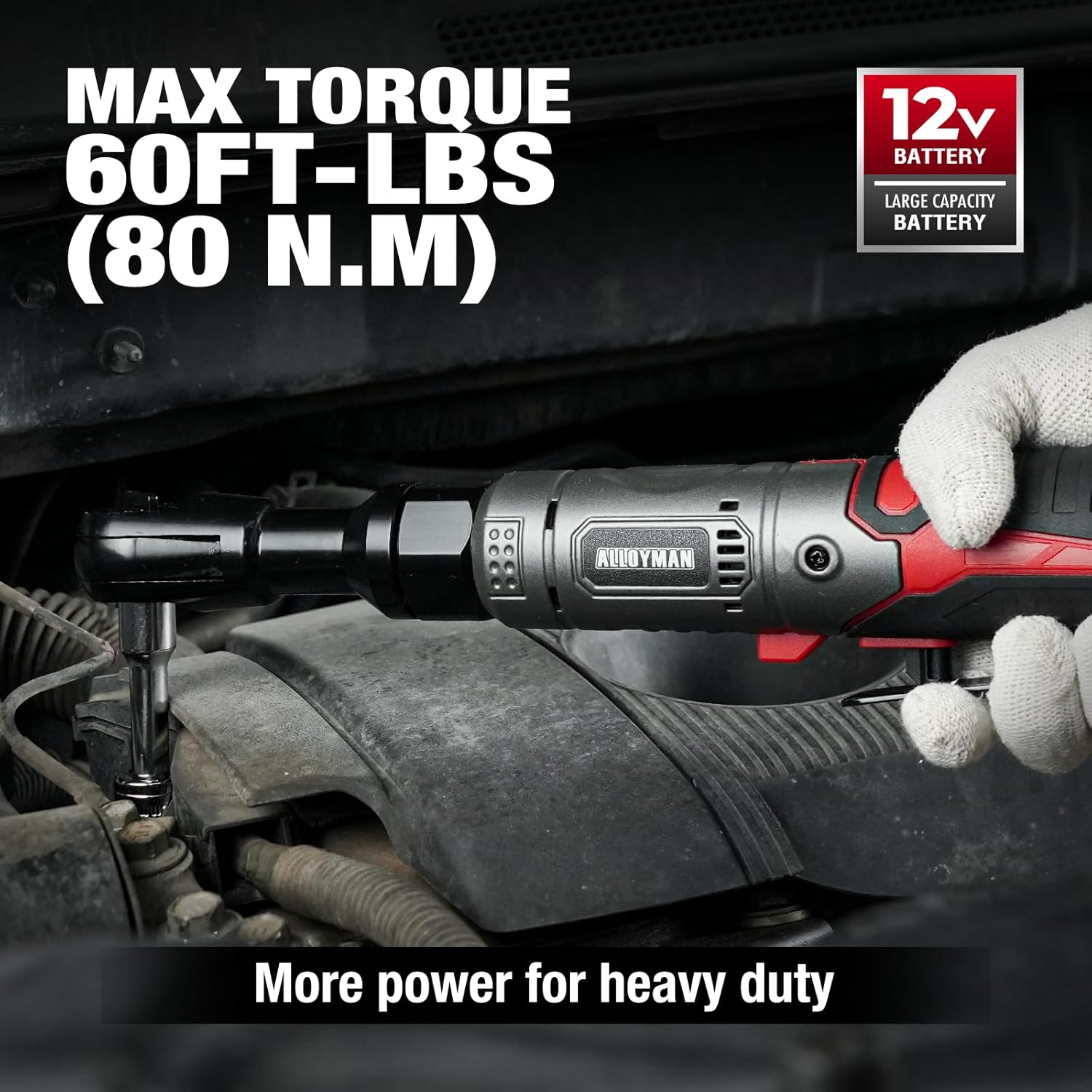 Alloyman 3/8" Cordless Ratchet Wrench Set, 60FT-LBS(80N.m) Electric Ratchet, 12V Extended Power Socket Wrench Set with Variable Speed, 6 Sockets, LED Light, 1/4" Adapter,1/2" Adapter,2 Batteries 12V Extended Head