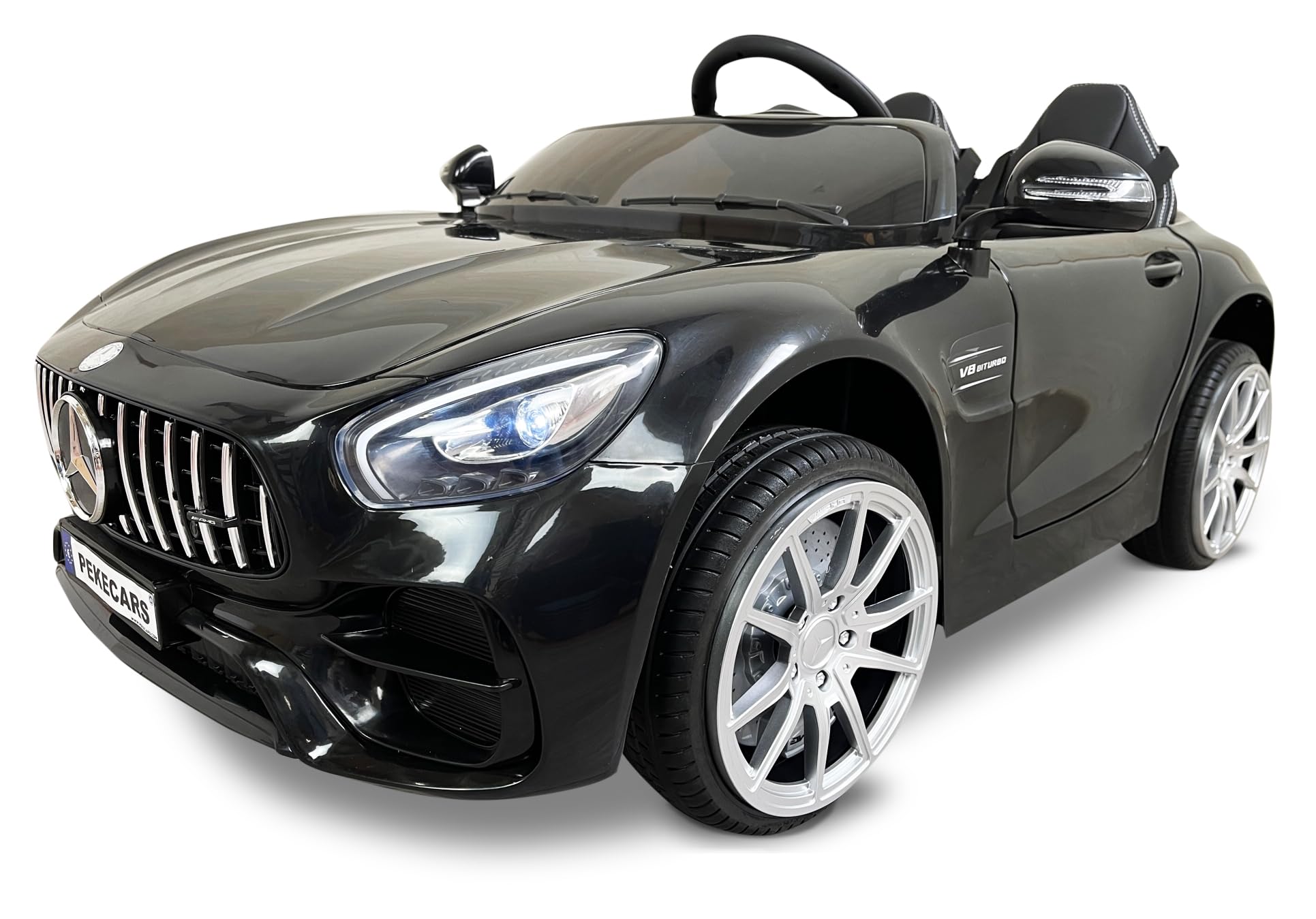 PEKECARS Coche Eléctrico Mercedes AMG GT V8 12V de 2 Plazas en Color Negro, Asiento en Polipiel, Mando 2.4G, Ruedas de Goma, Suspensión a Las 4 Ruedas, Asa de Transporte, Conexion MP3, USB y MicroSD