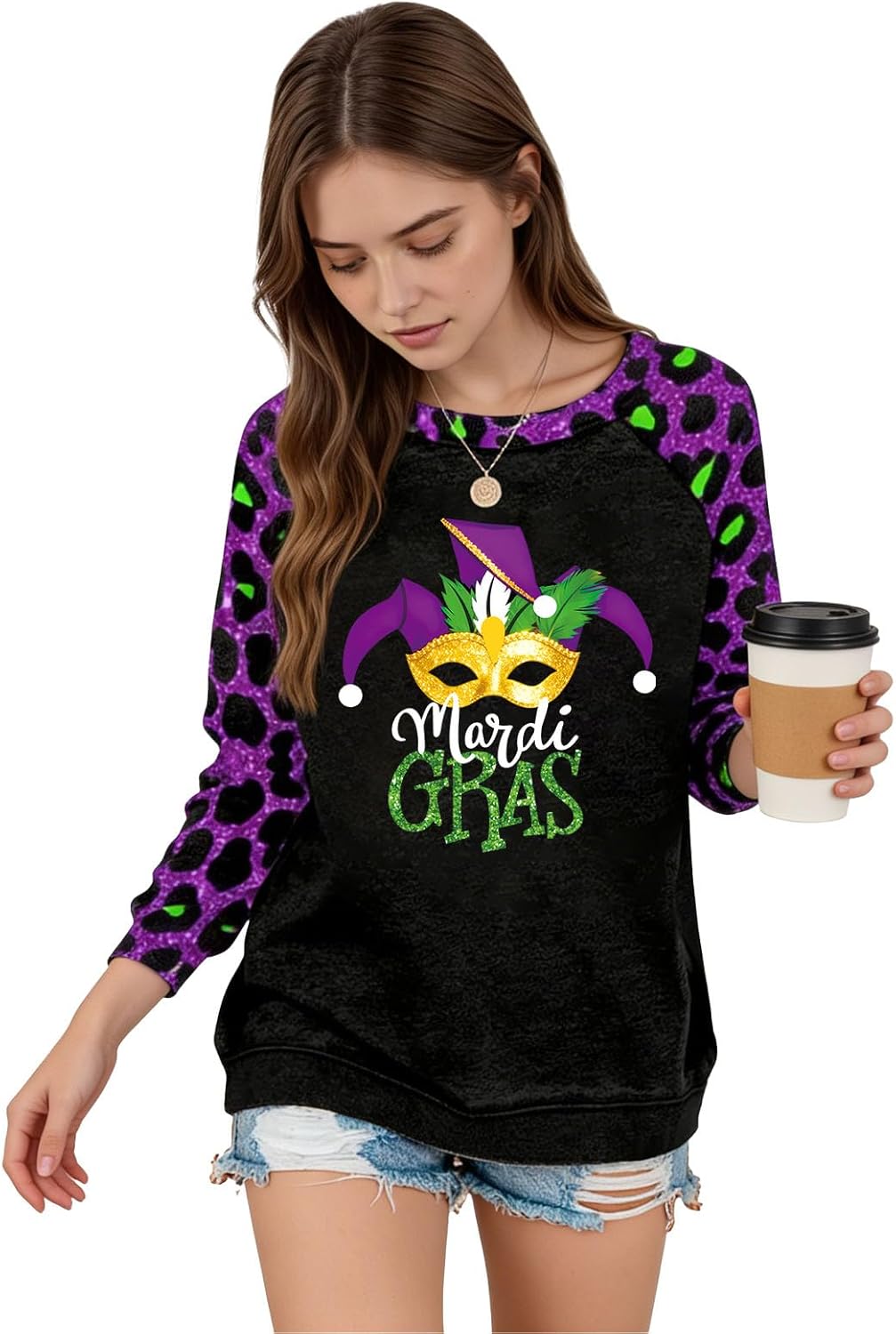 Mardi Gras Sweatshirt for Women 3D Printed Graphic Splicing Leopard Long Sleeve Pullover Outfit for Carnival Party - Image 9