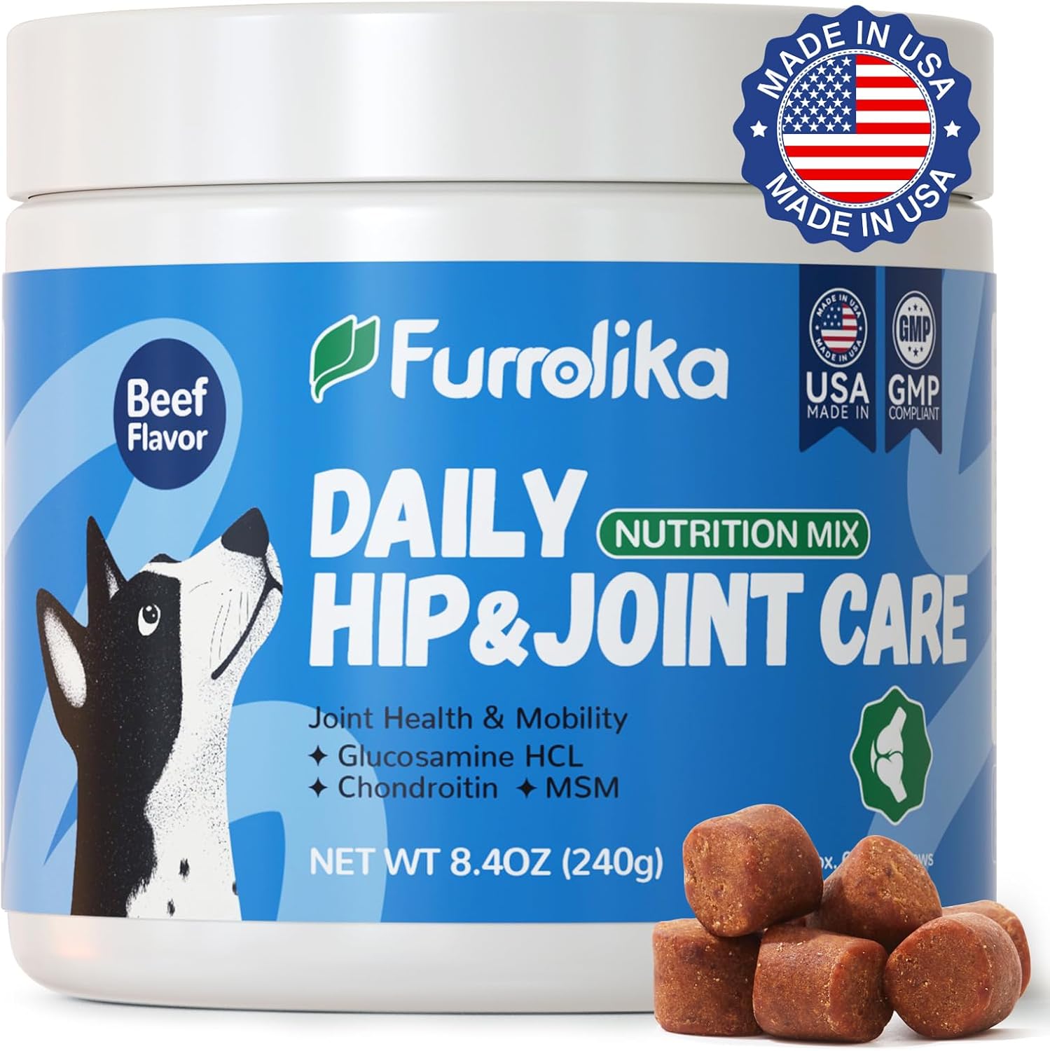 Furrolika Hip and Joint Supplement for Dogs – Made in The USA – Glucosamine, Chondroitin, MSM, Vitamin C – Chewable Joint Support for Mobility & Comfort – Beef Flavor – 60 Soft Chews