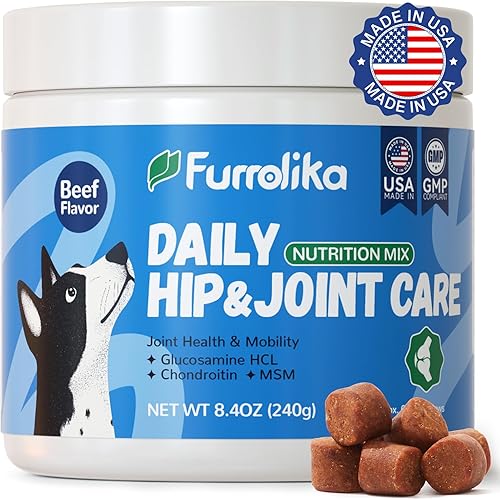 Furrolika Suplemento de cadera y articulaciones para perros, fabricado en los Estados Unidos, glucosamina, condroitina, MSM, vitamina C, apoyo