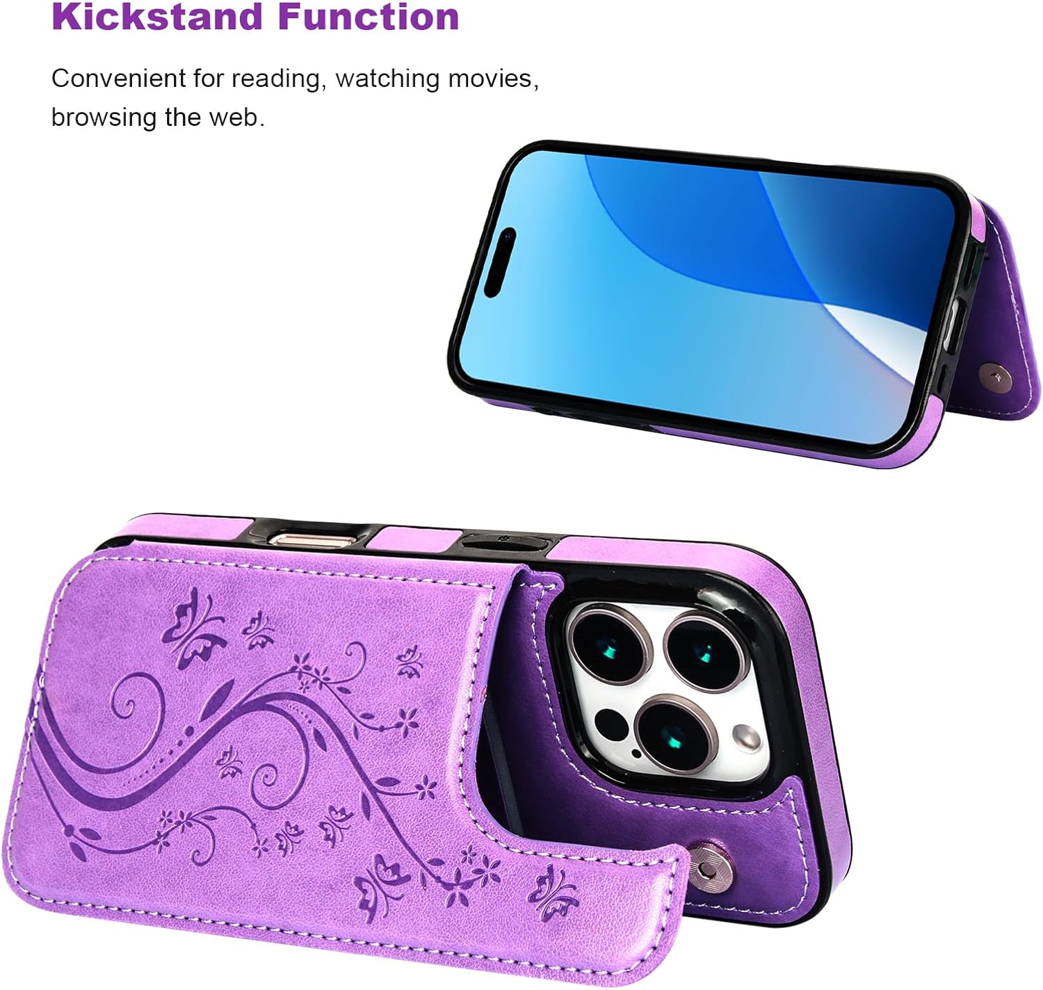 Vaburs for iPhone 16 Pro Case Wallet Compatible with MagSafe Wireless Charging Card Holder, RFID Embossed Butterfly Pattern PU Leather Double Buttons Flip Protective Shockproof for 6.3 Inch(Purple)