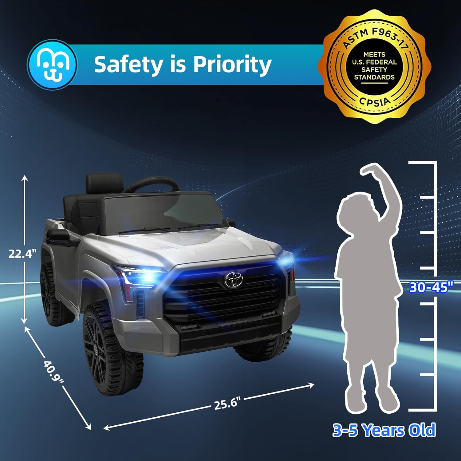 MINIATURE MOTORS Licensed Toyota Tundra Kids Ride on Truck Car Remote Control 12V 7Ah Battery Electric Car for Toddlers Trunk Bluetooth Music Player 4 Wheel Full Suspension Gift for Boys Girls-Grey