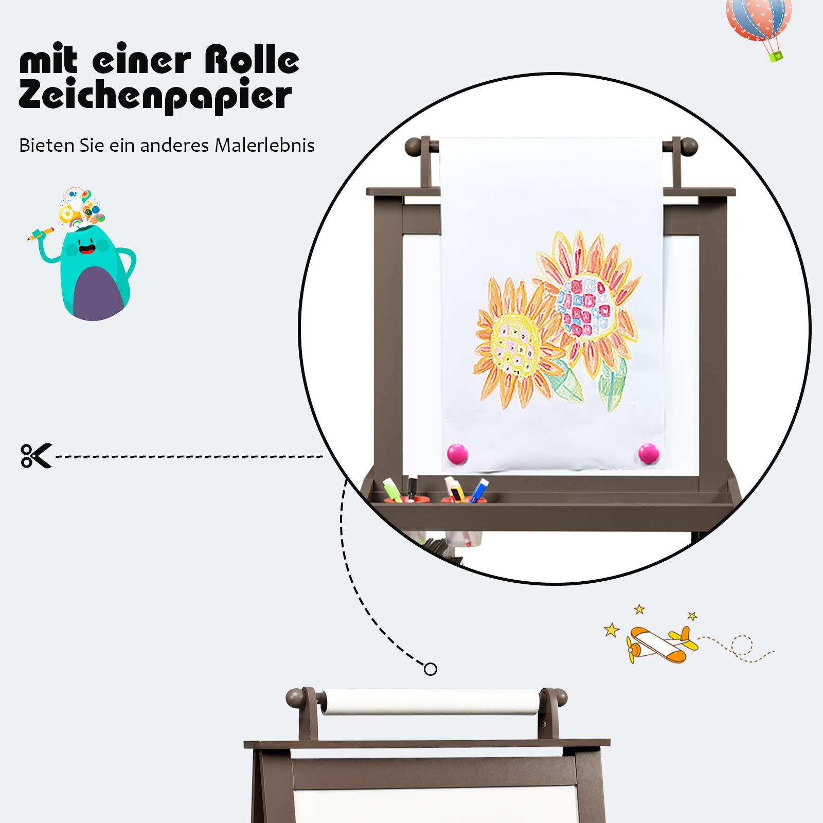 GOPLUS 3 in 1 Standtafel für Kinder, Magnetisches Whiteboard & Kreidetafel, Doppelseitiger Staffelei mit Aufbewahrungsbox, Maltafel, Schreibtafel, Kindertafel ink. Malpapier und Magneten (Braun)