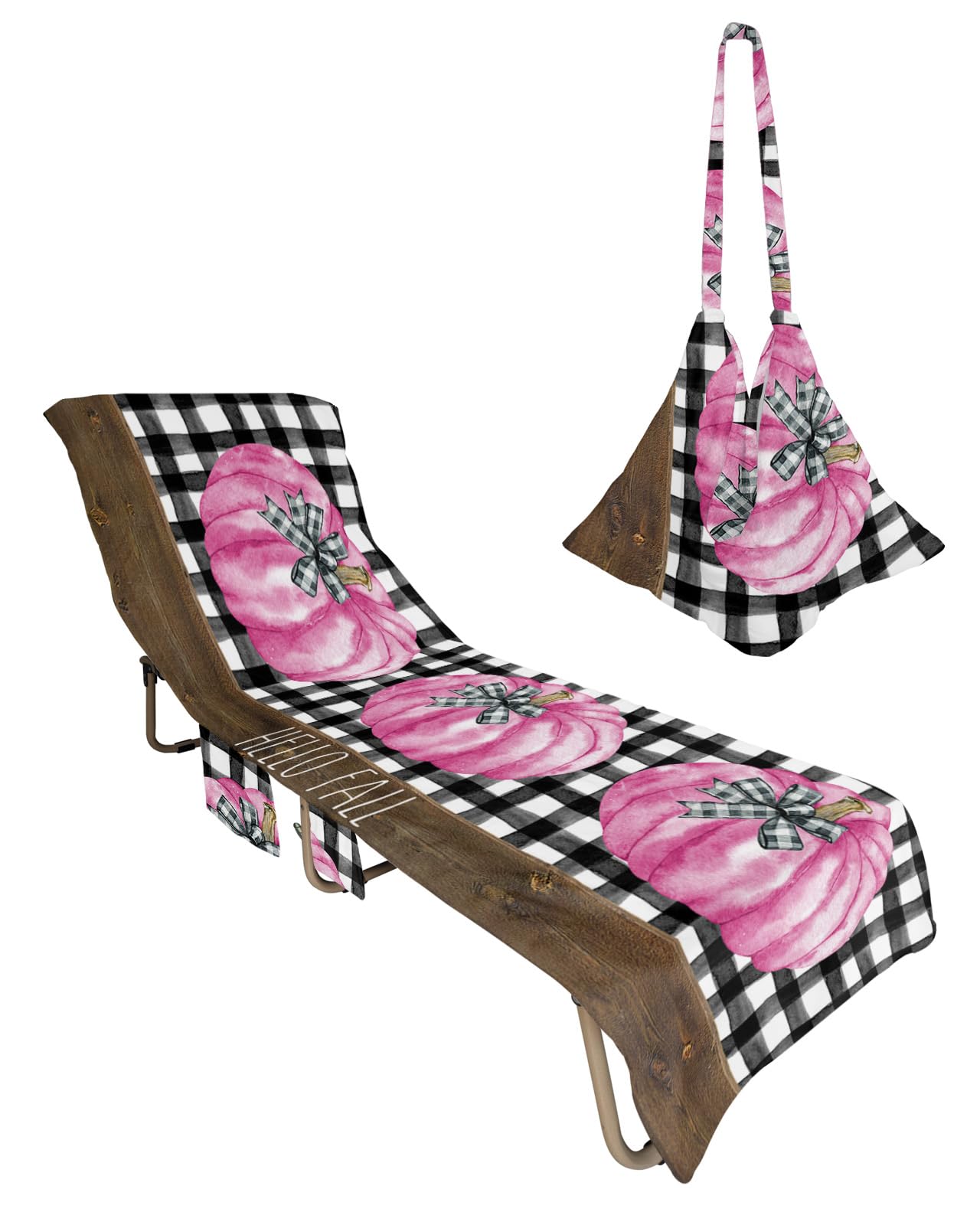 Thanksgiving Pumpkin, Beach Lounge Chair Towel Cover, Soft Chaise Lounge Towel with Side Pockets Patio Pool Chairs Cover for Beach/Pool Sunbathing 29x85 Watercolor Buffalo Plaid Black Bowknot