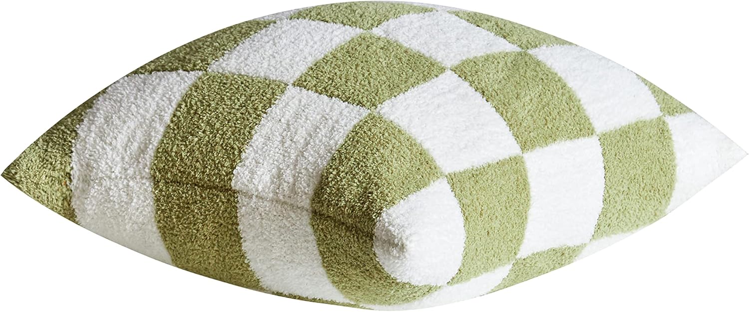 REPRECONF Set of 2 Ultra Soft Cozy Buffalo Checkerboard Fluffy Microfiber Checker Knitted Throw Pillow Cover Fleece Cushion Case Decorative for Sofa Couch Bed 18 inches Both Sides (Matcha)
