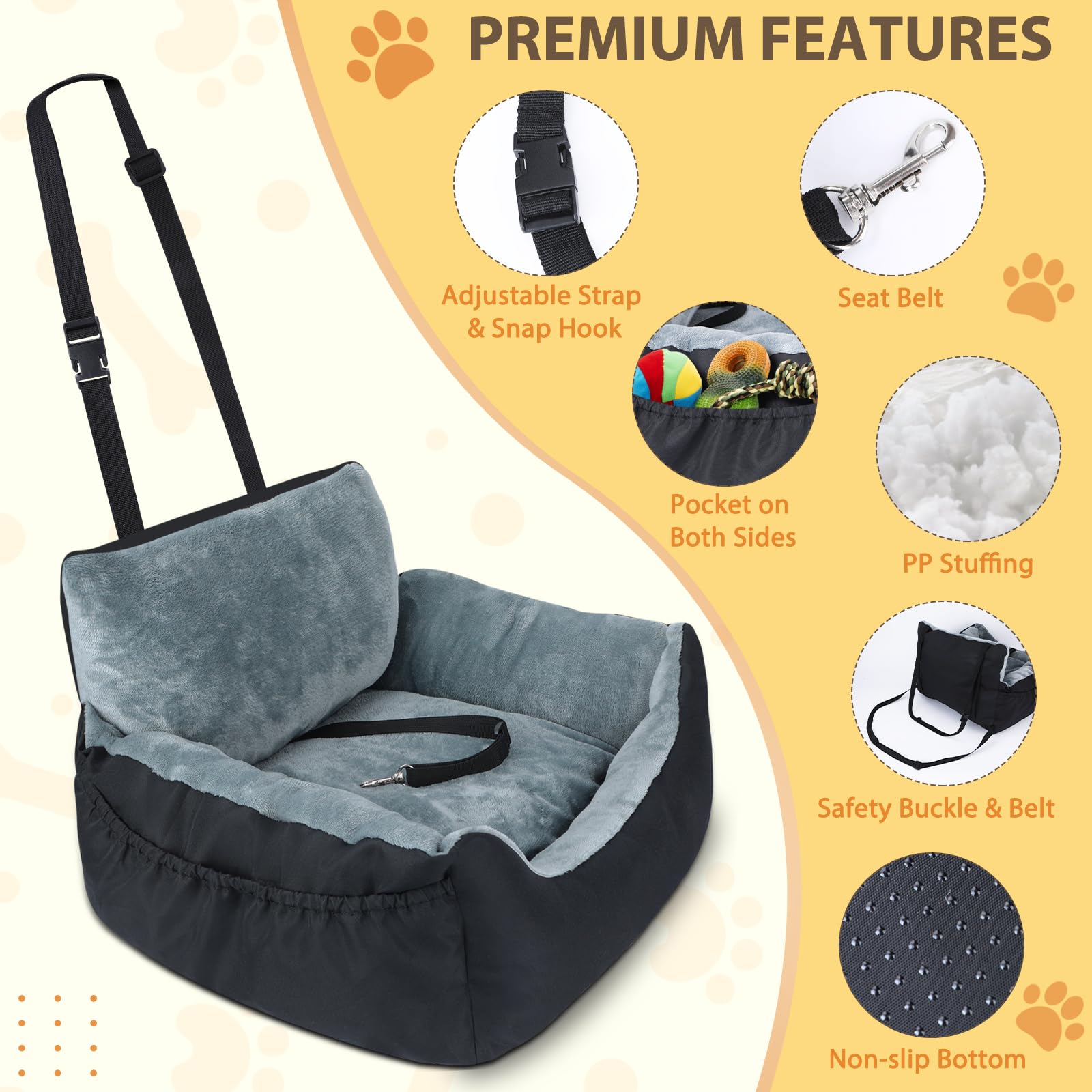 Lannvan Siege Auto Chien, Antidérapant Siege Chien Voiture avec Détachable et Lavable Coussin, Siège Auto pour Chien Chat Petite Taille avec Laisse de Sécurité et Poches de Rangement Latérales, Noir