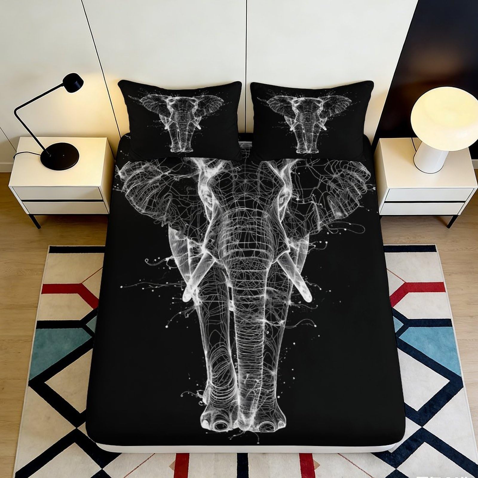 3D Printed Smoke Elephant Fitted Sheet Microfiber Black Artistic Animal Mattress Cover for Bedroom Dorm Easy Care 200x200x25cm