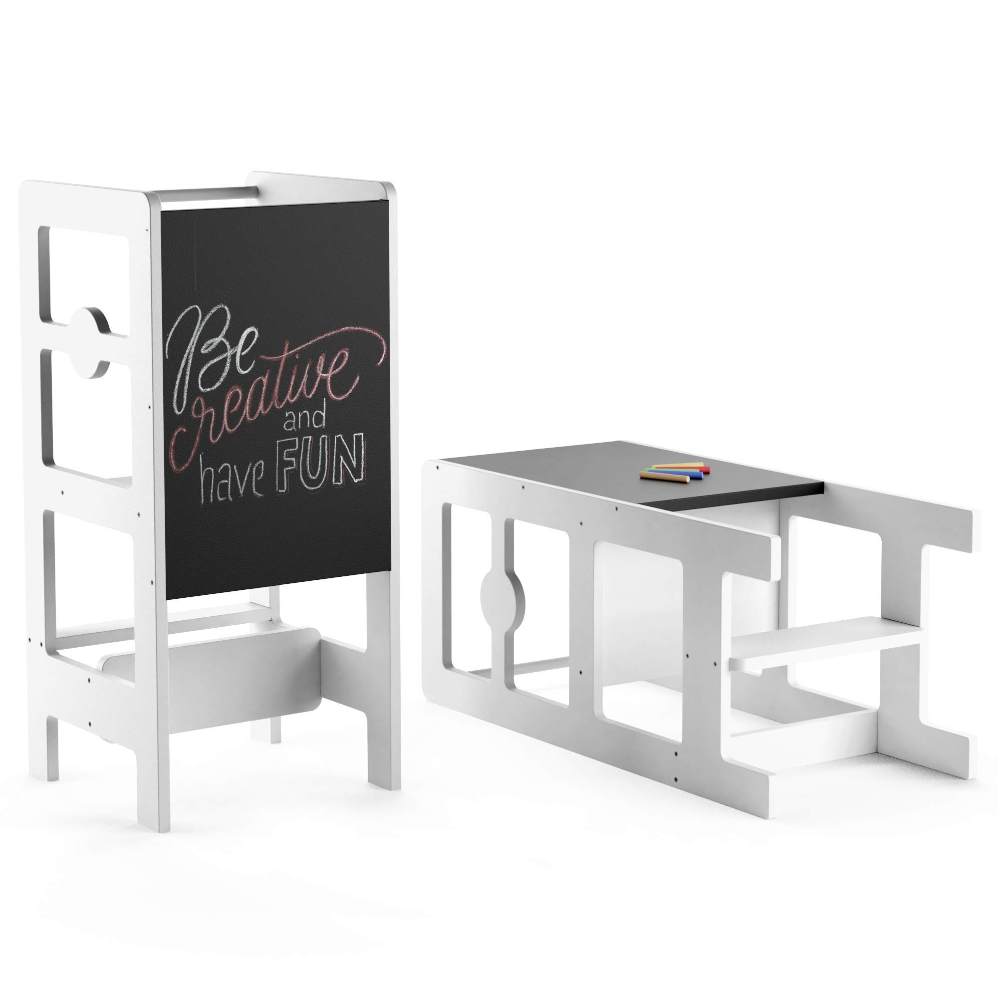 Kitchen Step Stool & Chalkboard Desk for Toddlers Easily Turns