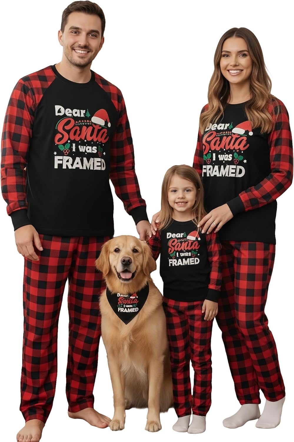 IFFEI Matching Family Pajamas Sets Christmas PJ's with Letter and Plaid Printed Long Sleeve Tee and Bottom Loungewear