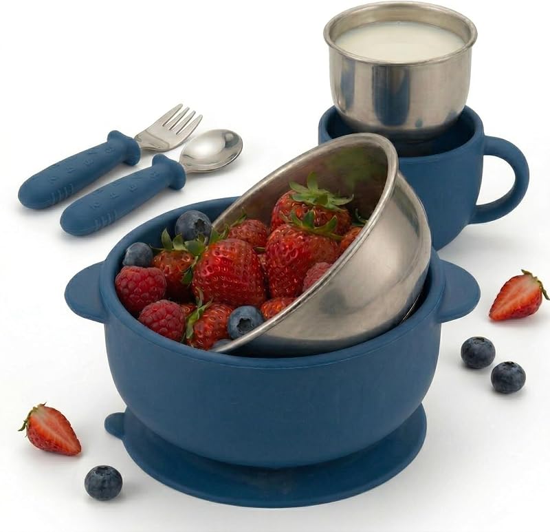 NENAVIBE Juego bebé 4 piezas acero inoxidable | Bol con ventosa, taza con asa y cubiertos BLW | Antideslizante, silicona desmontable, apto lavavajillas y sin olores | regalo 6 meses (Azul)