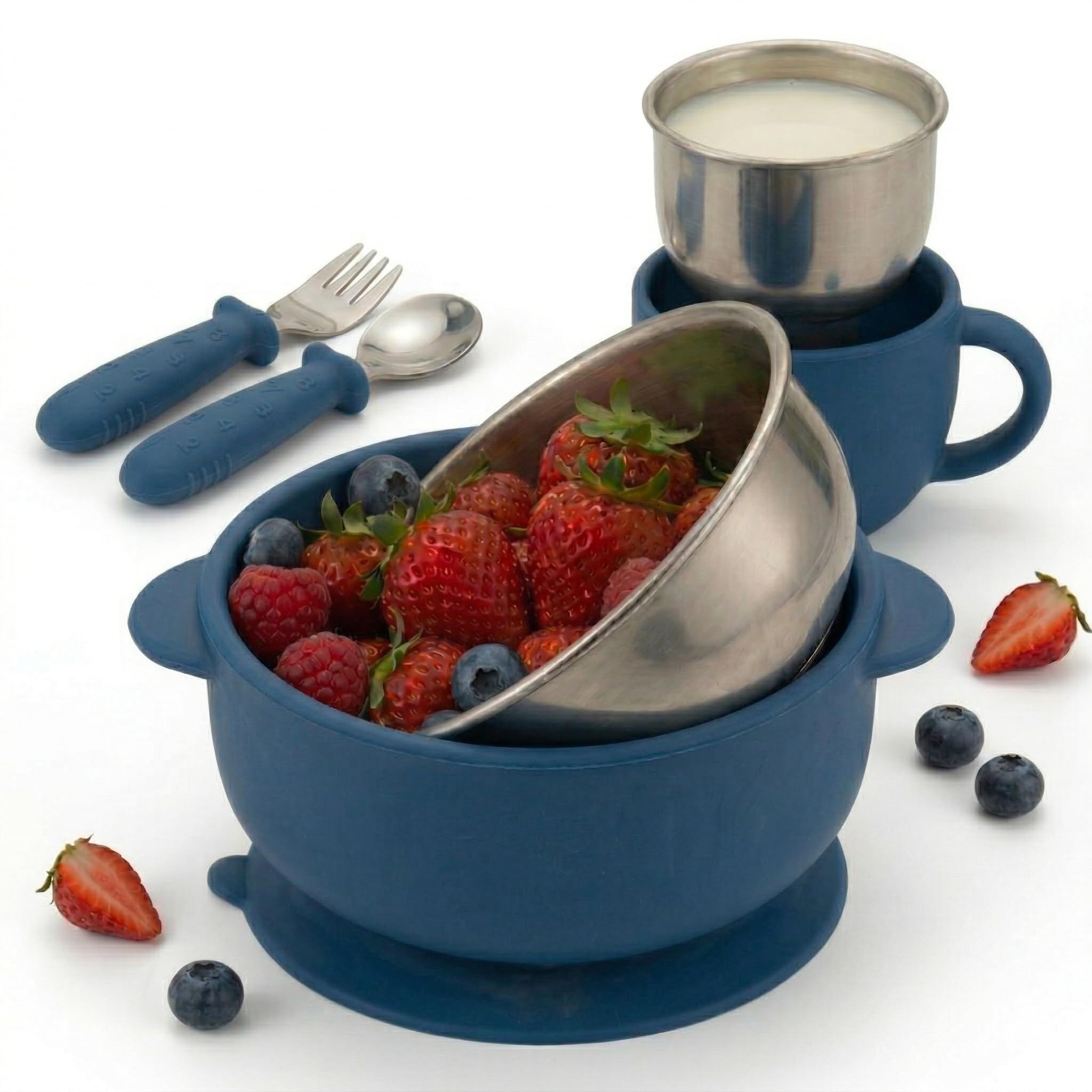NENAVIBE Juego bebé 4 piezas acero inoxidable | Bol con ventosa, taza con asa y cubiertos BLW | Antideslizante, silicona desmontable, apto lavavajillas y sin olores | regalo 6 meses (Azul)