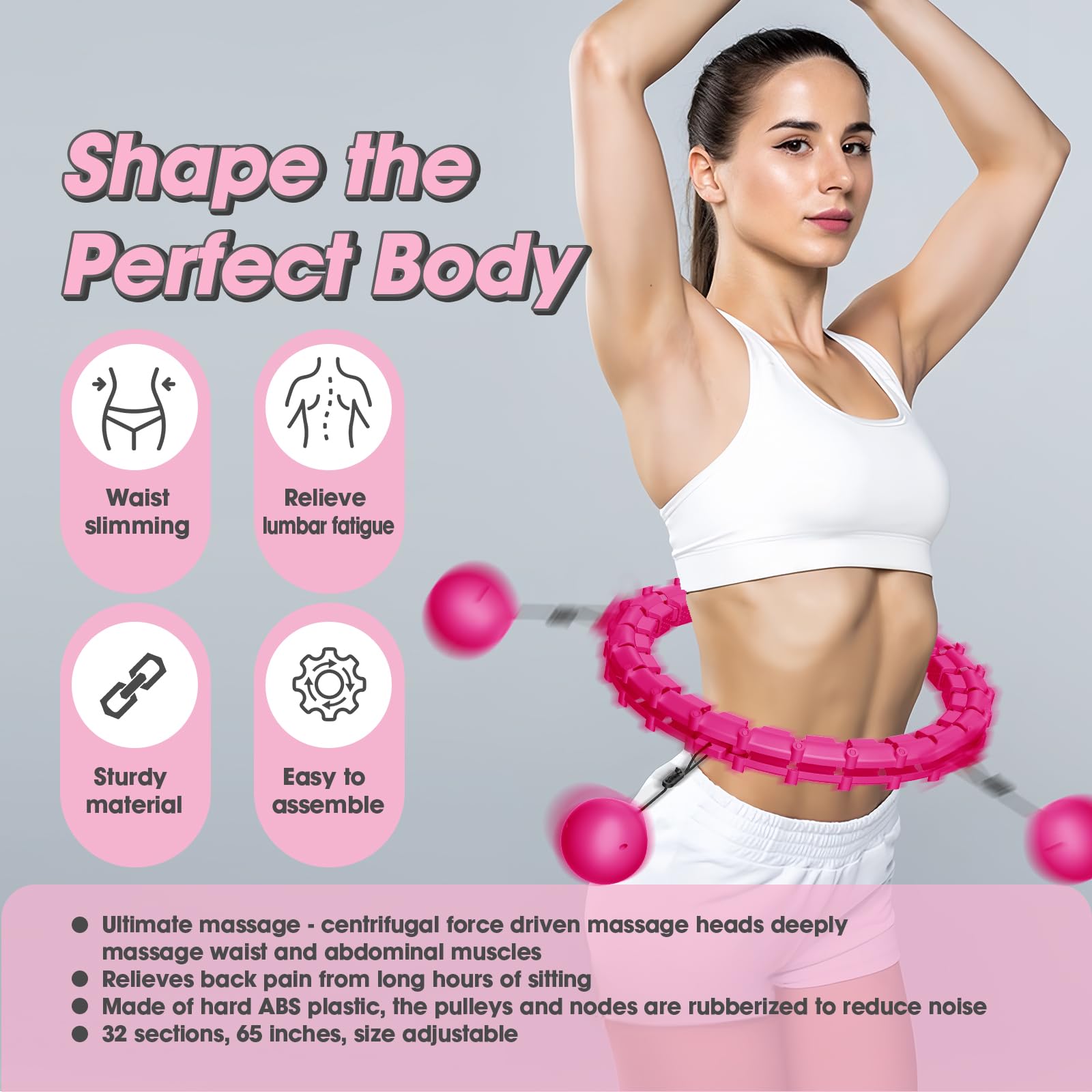 Smart Hoop Cerceau pour adulte avec boule de poids, ultra silencieux, pour perdre du poids, avec 32 segments amovibles, cerceau pour perdre du poids, tour de taille maximale 165 cm (rouge)
