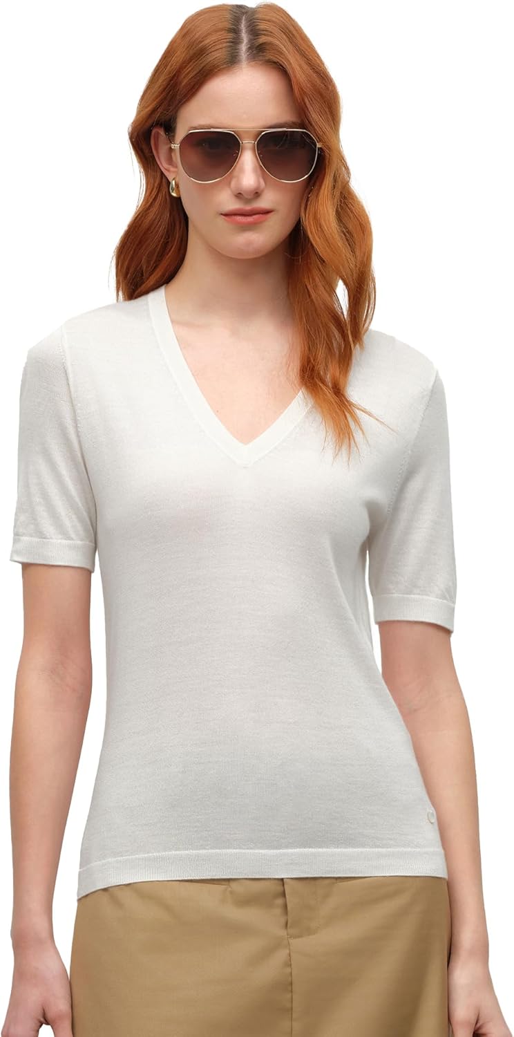 KVSS Women's Cashmere Silk Blend Sweater, 70% Cashmere 30% Silk Luxury V Neck Short Sleeve Pullover Top for Daily Office Wear