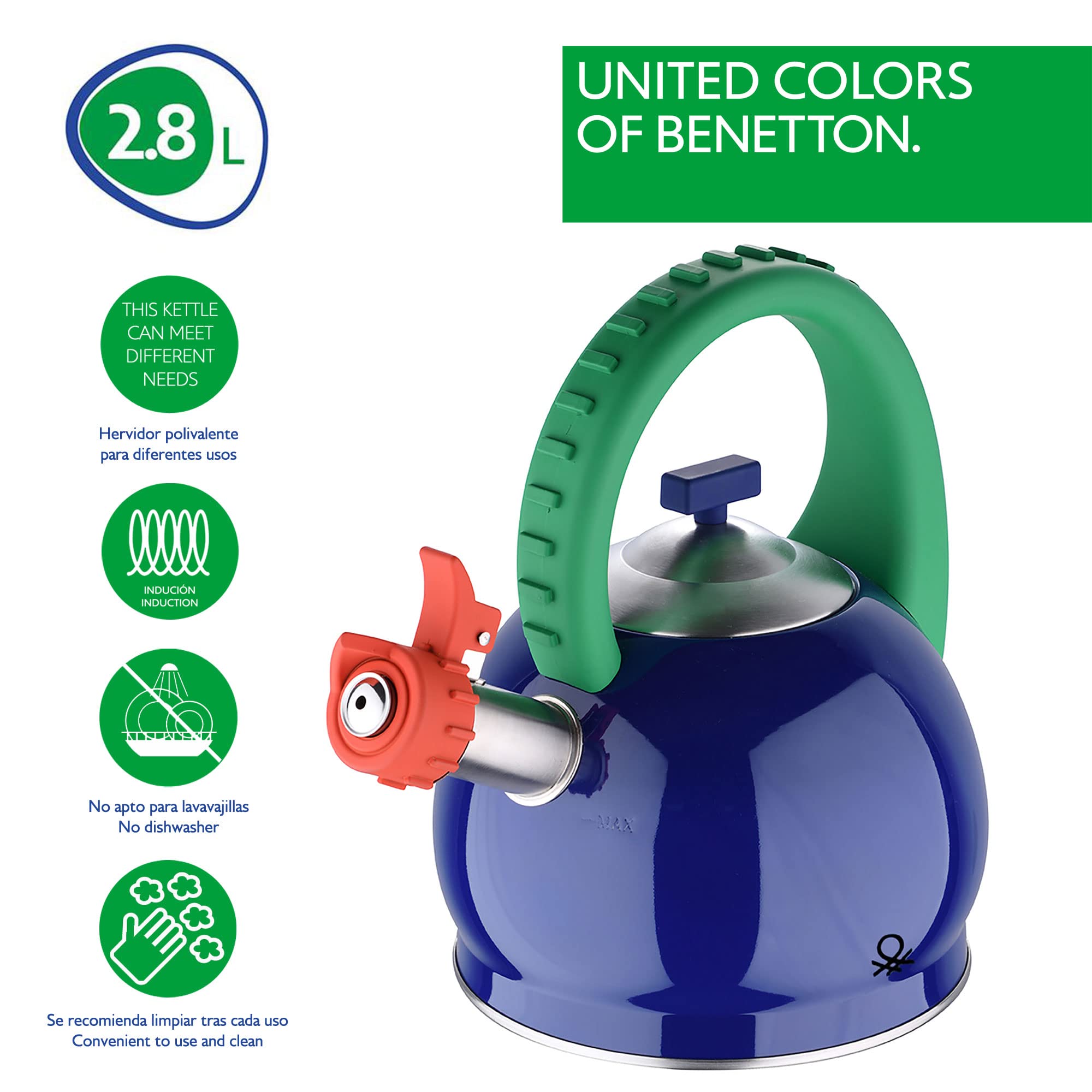 UNITED COLORS OF BENETTON. - Teiera 3 l in acciaio inox colore blu/verde/rosso