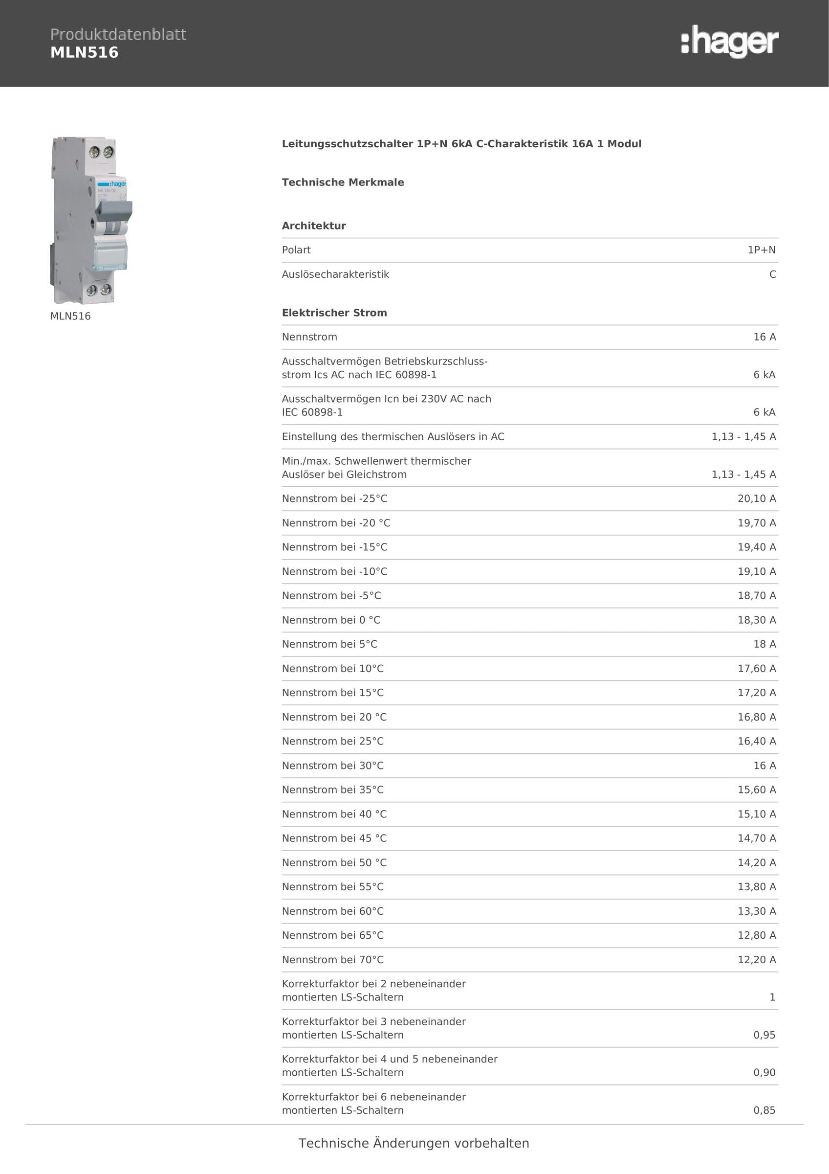 HAGER MLN516 Disjoncteur 1P+N 6kA C 16A