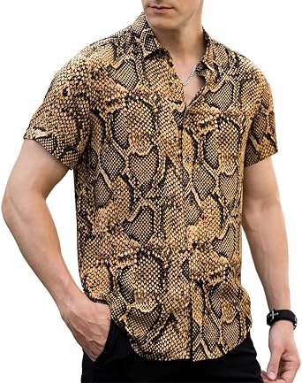 LOGEEYAR Mens Fashion Shirts Leopard Snakeskin Print Button Down Summer Short Sleeve Casual Shirt