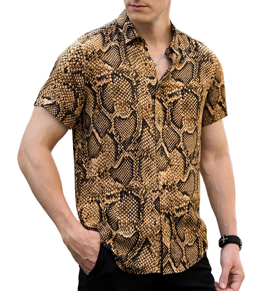 LOGEEYARMens Fashion Shirts Leopard Snakeskin Print Button Down Summer Short Sleeve Casual Shirt