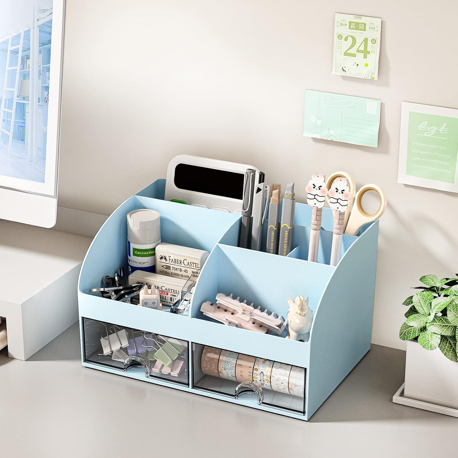 Organizer da scrivania multifunzionale con 6 scomparti e 2 cassetti, per scrivania, cancelleria per penne, cucitrici, clip, foglietti adesivi, supporto mobile (blu)