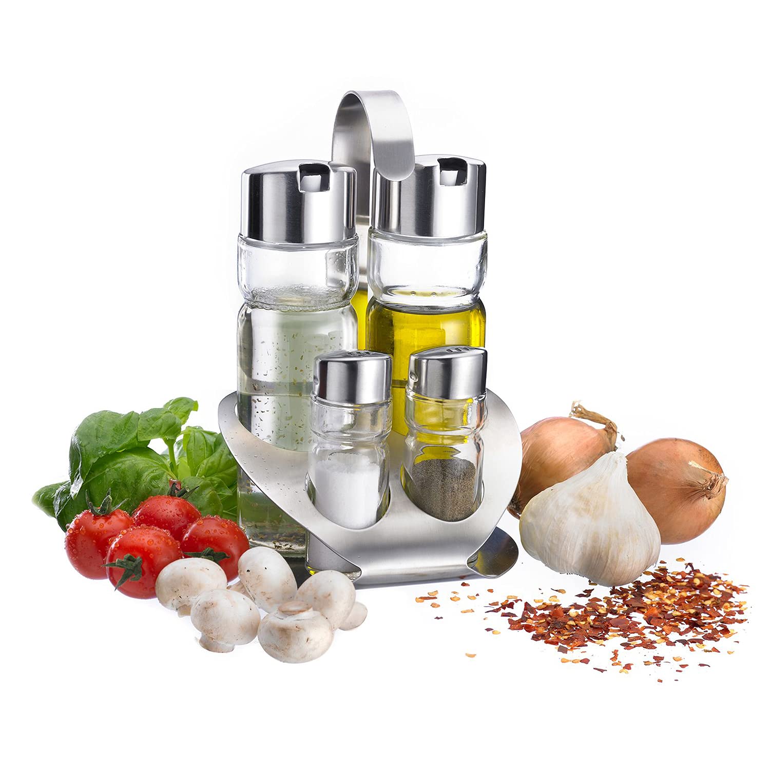 Westmark Ampolliera per sale, pepe, olio e aceto, 5 pezzi, Capacità: 2x 40 ml/2x 160 ml, Acciaio inox/Vetro, Wien, Argento/Trasparente, 65052260