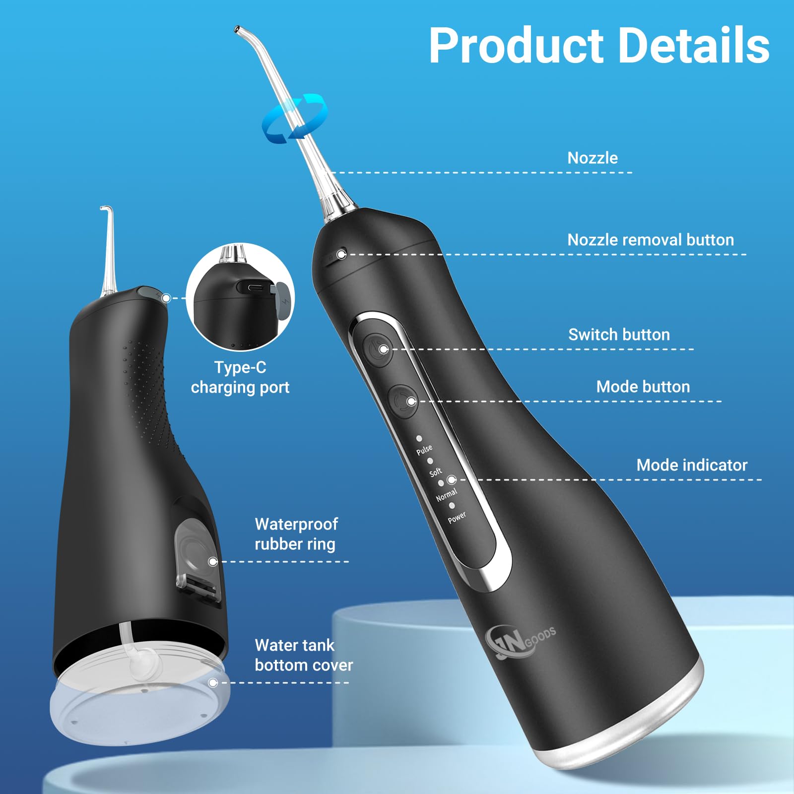 JNGOODS JNGOODS - Irrigador bucal inalámbrico de agua, 300 ml, recargable para dientes, IPX7, impermeable, 4 modos, irrigador oral portátil con 4 puntas de chorro, uso doméstico de viaje (negro)