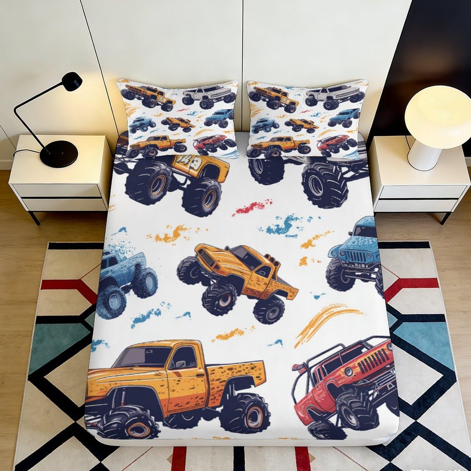 3D Printed Monster Truck Fitted Sheet Microfiber Soft Breathable Offroad Car Bed Cover for Bedroom Dorm Decor 90x200x25cm