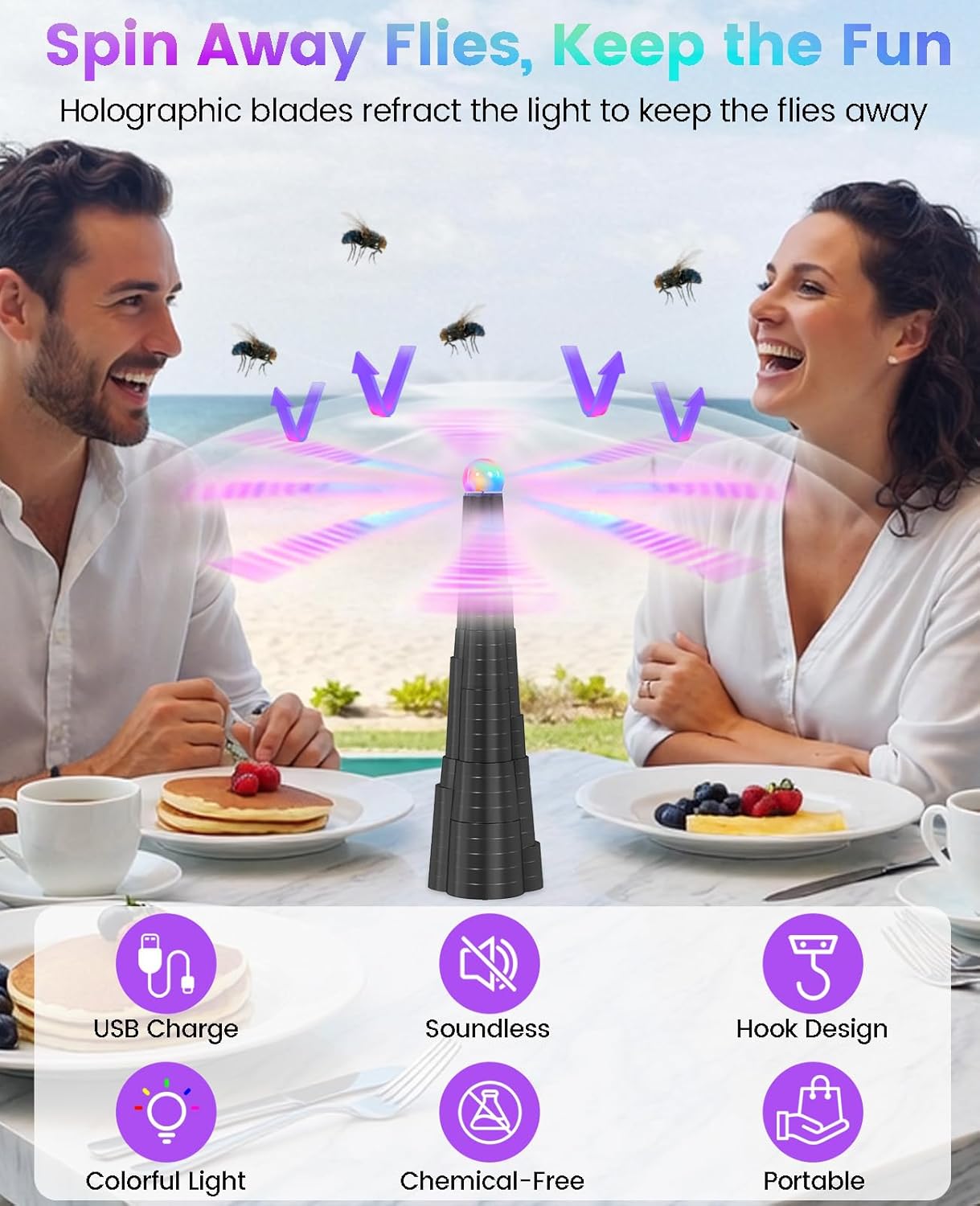 Fly Fans for Tables, USB Powered Rechargeable Food Fan, Portable Bug Fan with Led Light, Tabletop Fly Spinner with Soft Blades for Picnic, Party, Restaurant, Kitchen, and BBQ, 4 Pack