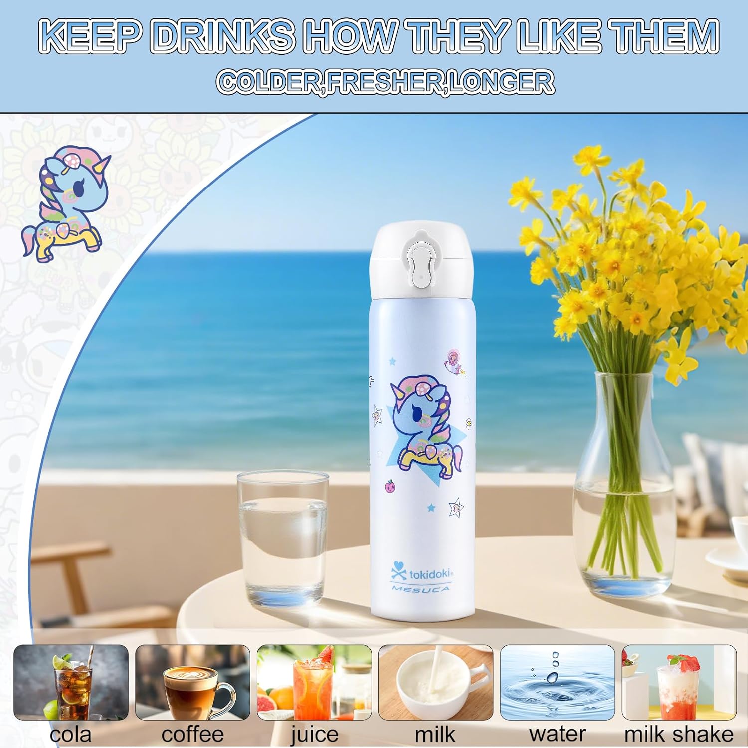 Tokidoki Unicorno insulated water bottle Stainless Steel Water Bottle 16oz Vacuum Sealed Thermal Cup with Leak Proof Flip Lid, Double Wall Tumbler for Hot & Cold Drinks, Unicorno Design - Image 2