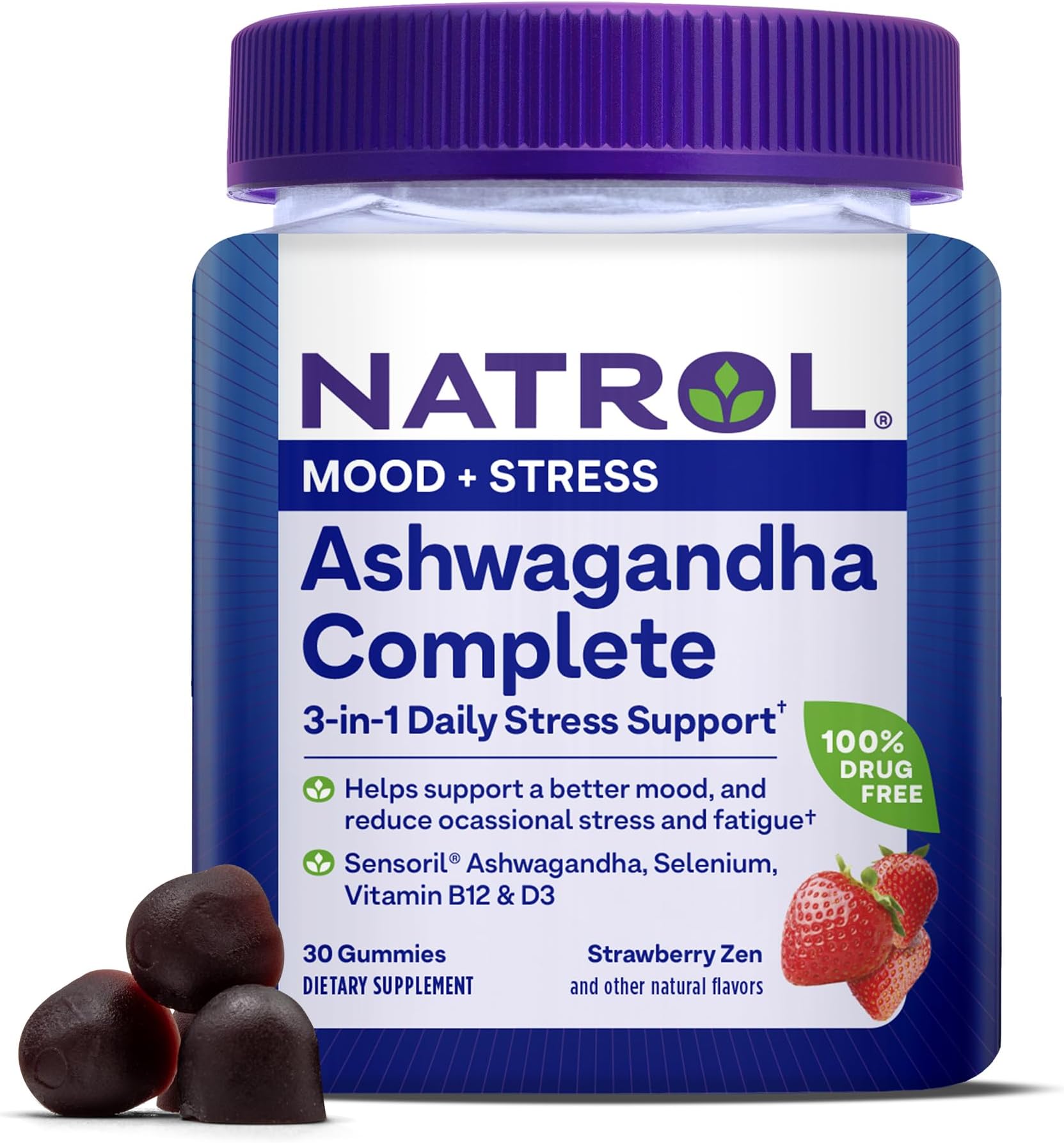 Ashwagandha Complete Gummy, 3-in-1 Daily Stress Support, Supports Better Mood, Reduces Occasional Stress and Fatigue, 30 Gummies, Up to a 15 Day Supply