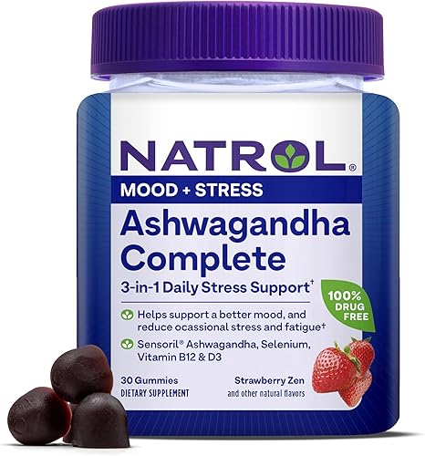 Natrol Ashwagandha - Gomitas completas, soporte diario de estrés 3 en 1, apoya un mejor estado de ánimo, reduce el estrés ocasional y la fatiga, 30