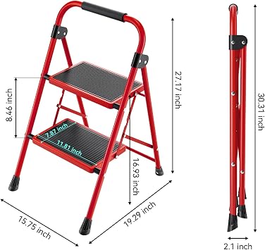 KINGRACK Step Ladder, Folding Ladder with Non-Slip and Wide Pedal, Small Ladders with Handle, Heavy Duty Steel Ladder, Lightweight Step Ladder (Red, 2 Step Ladder)