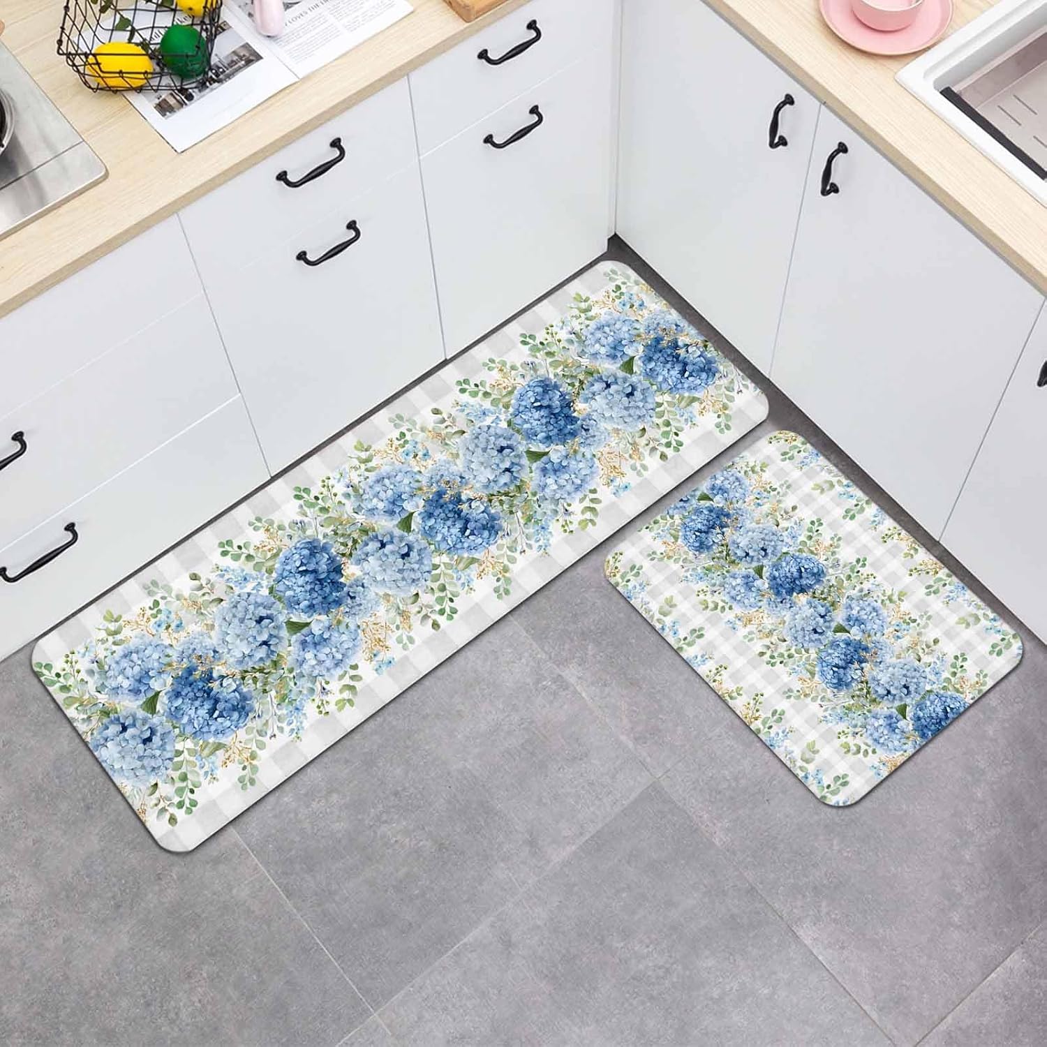 Prime Leader Blue Flower Kitchen Mat Set 2 Pieces Summer Country Hydrangea Floral Grey Plaid Non Slip Kitchen Rugs Washable Runner Rug Mats for Sink Laundry (15.7" x 23.6"+15.7" x 47.2")