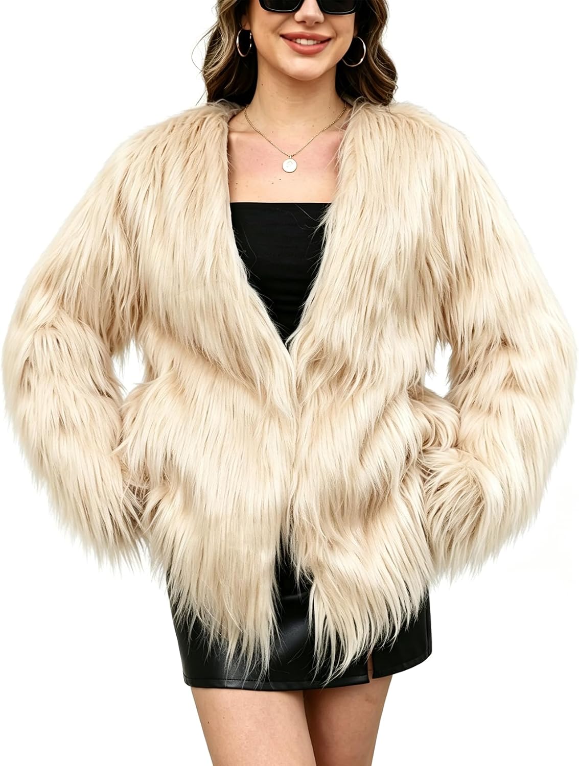 Wyeysyt Women's Faux Fur Coat Fluffy Faux Fur Long Jacket Winter Open Front Furry Shaggy Parka Coats Outerwear
