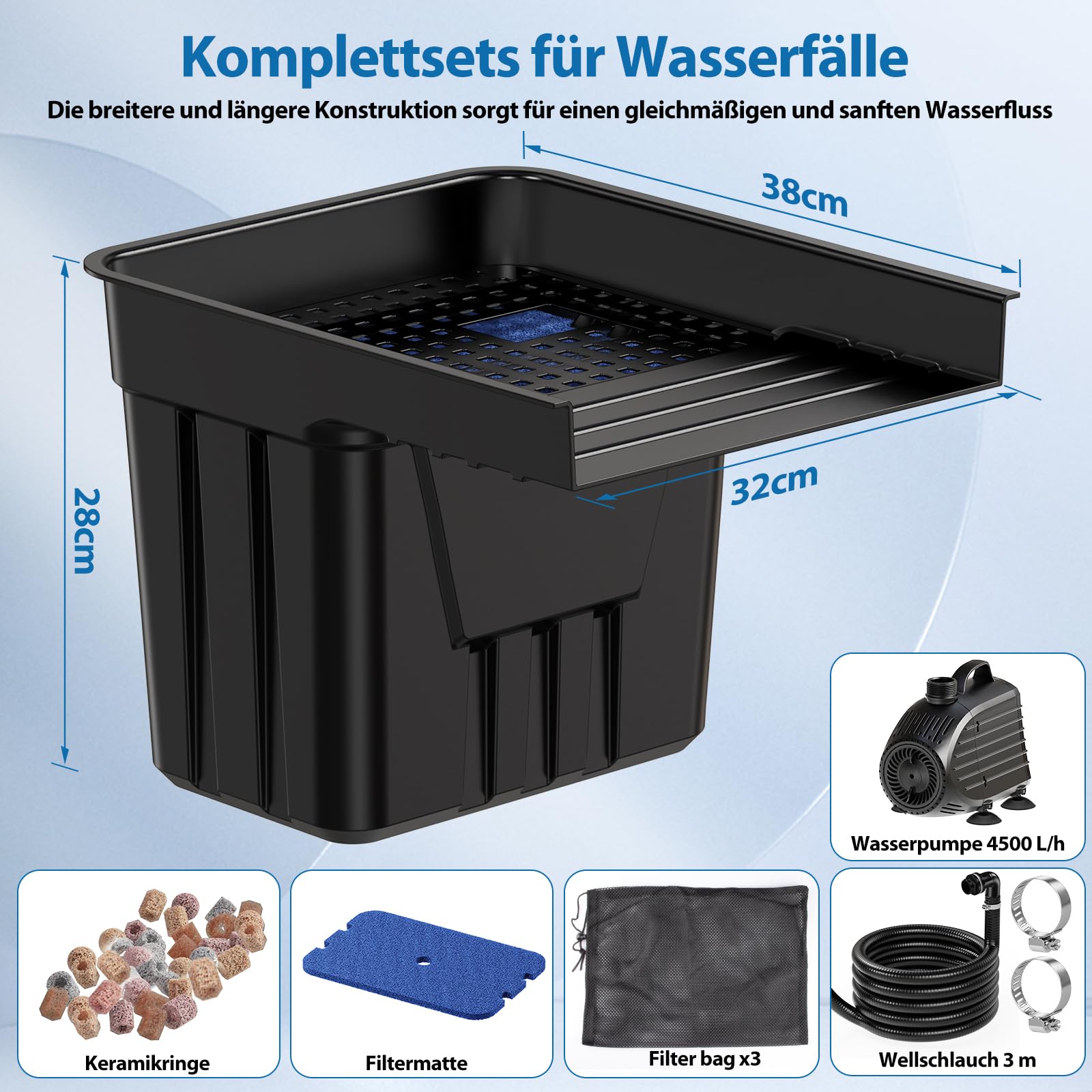 POPOSOAP Wasserfall Teich für den Außenbereich, Teich Wasserfall mit 4500 l/h Teichpumpe, 3 m langem Wellschlauch und Filtermaterial, für Gartenteiche, Bäche und Wasserspiele