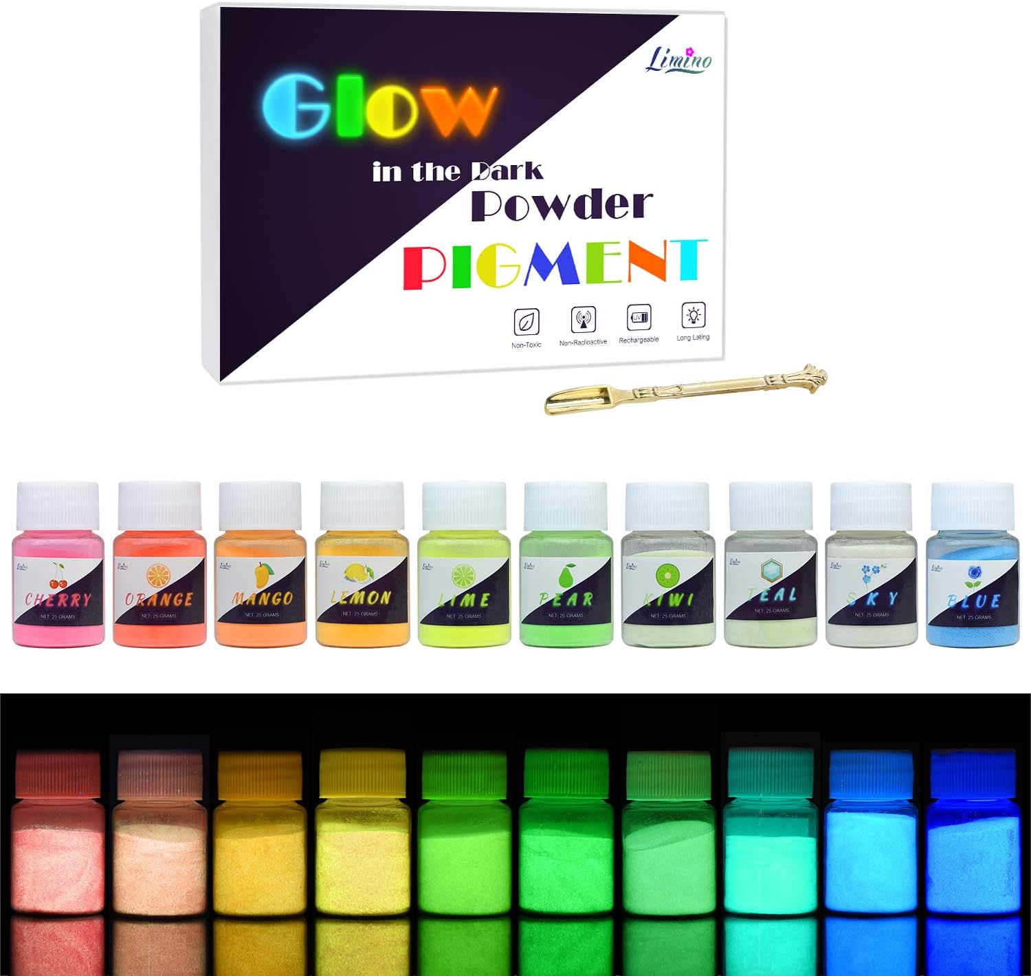 Glow in The Dark Pigment Powder - 10 Colour x 20g Epoxy Resin Colour Pigment Dyes for DIY Colouring Kit - Luminous Skin Safe Self Glowing for Acrylic Paint, Nail Art, Painting, Crafts - 200g