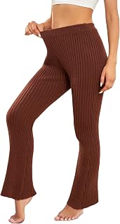 Bell Bottoms Pants Women High Waist Loose Fit Elastic Rib Knit Warm Casual Solid Flared Bootcut Trousers for Winter